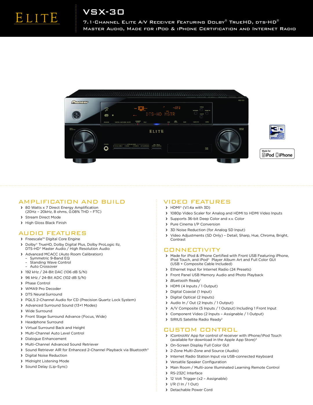 Pioneer VSX-30 manual Amplification And Build, Audio Features, Video Features, Connectivity, Custom Control 