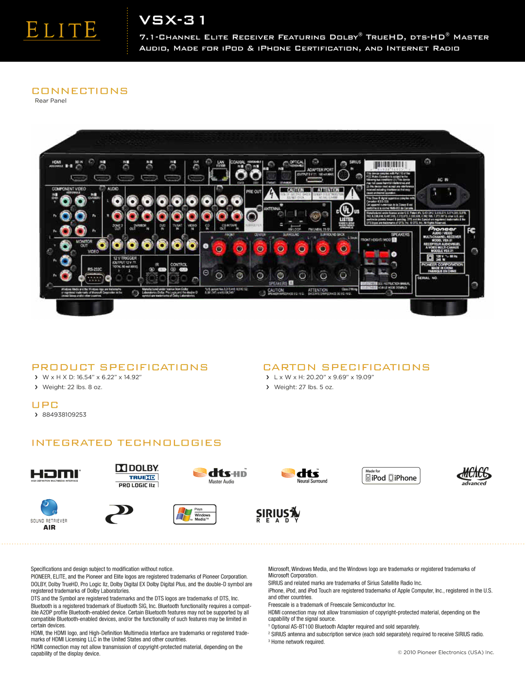 Pioneer VSX-31 manual UPC Integrated Technologies, Connections, Product Specifications, Carton Specifications 