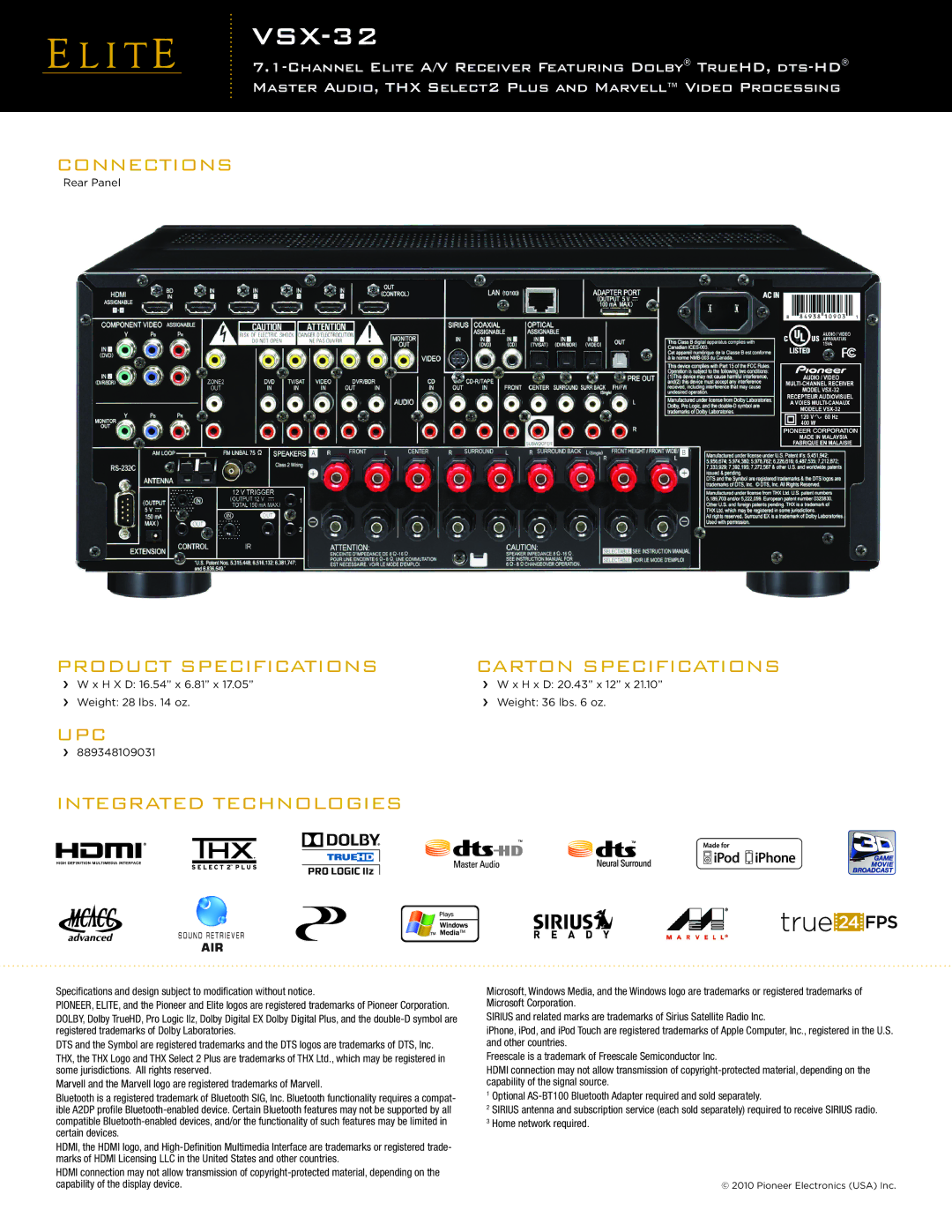 Pioneer VSX-32 manual Connections, Product Specifications Carton Specifications, UPC Integrated Technologies 