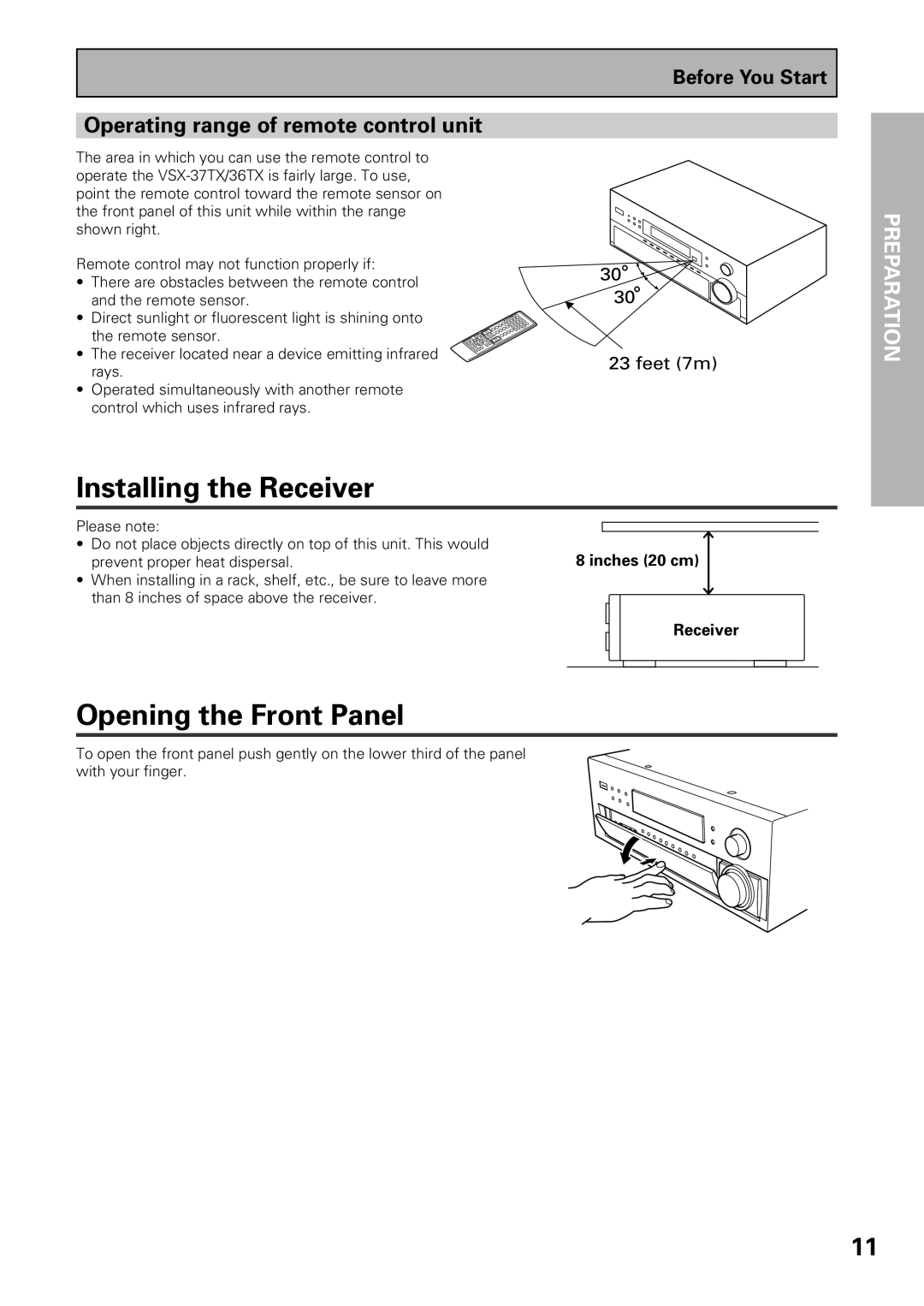 Pioneer VSX-37TX Installing the Receiver, Opening the Front Panel, Operating range of remote control unit, Inches 20 cm 