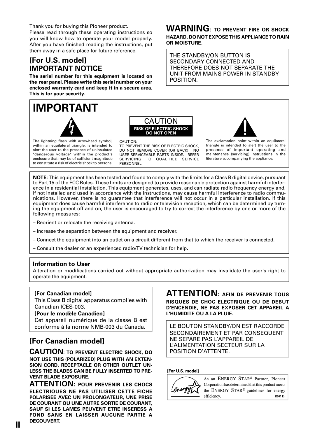 Pioneer VSX-36TX, VSX-37TX manual For U.S. model, Important Notice, For Canadian model, Information to User 