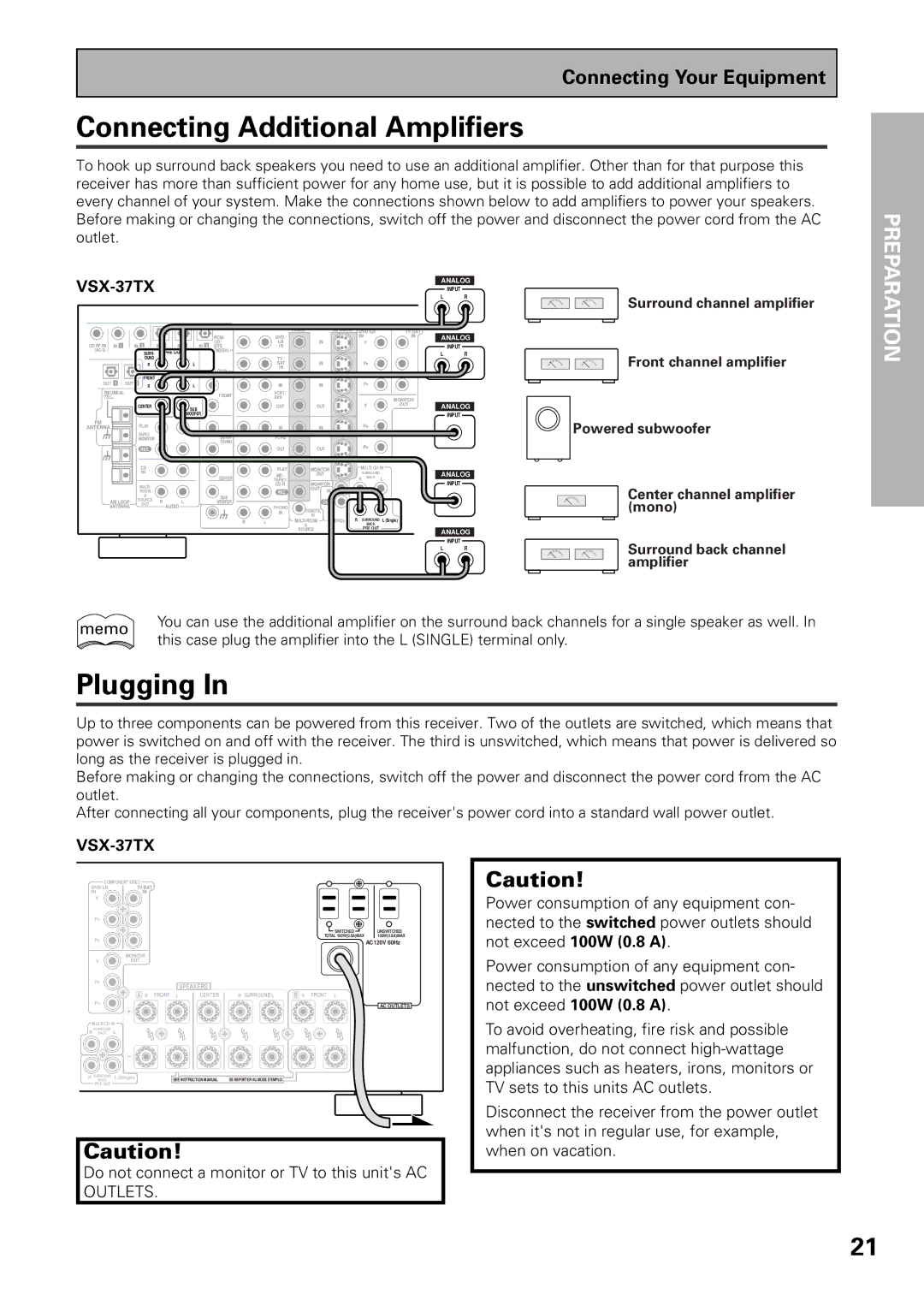 Pioneer VSX-37TX, VSX-36TX manual Connecting Additional Amplifiers, Plugging 