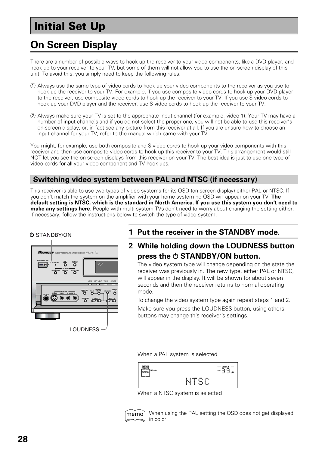 Pioneer VSX-36TX, VSX-37TX manual Initial Set Up, On Screen Display 