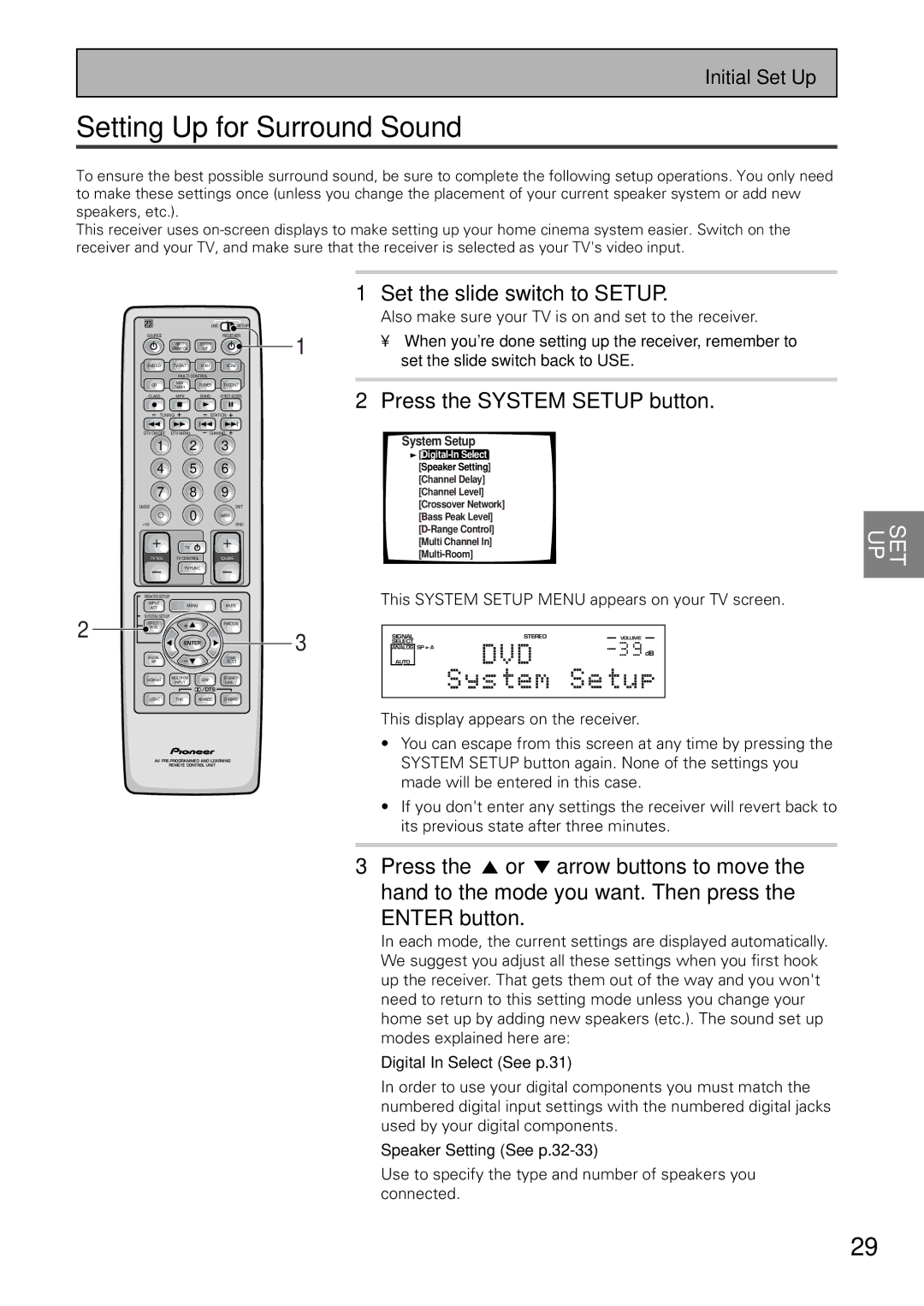 Pioneer VSX-37TX, VSX-36TX Setting Up for Surround Sound, Set the slide switch to Setup, Press the System Setup button 