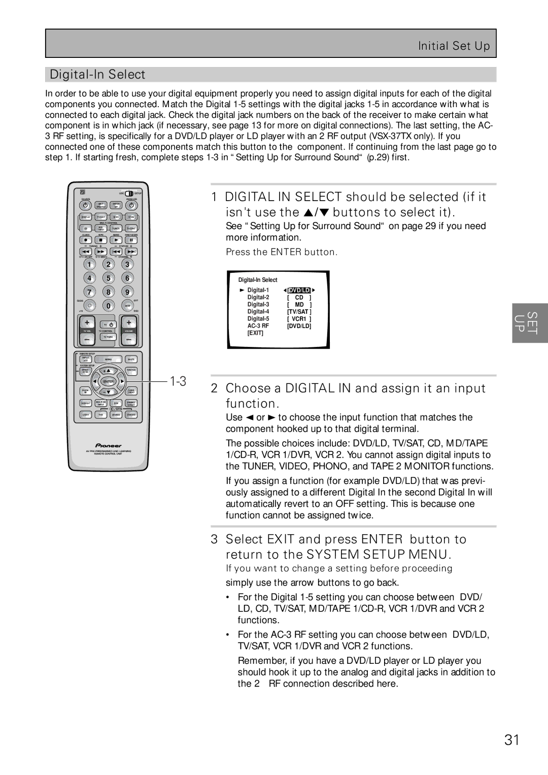 Pioneer VSX-37TX manual Digital-In Select, Digital in Select should be selected if it, Isnt use the 5´ buttons to select it 