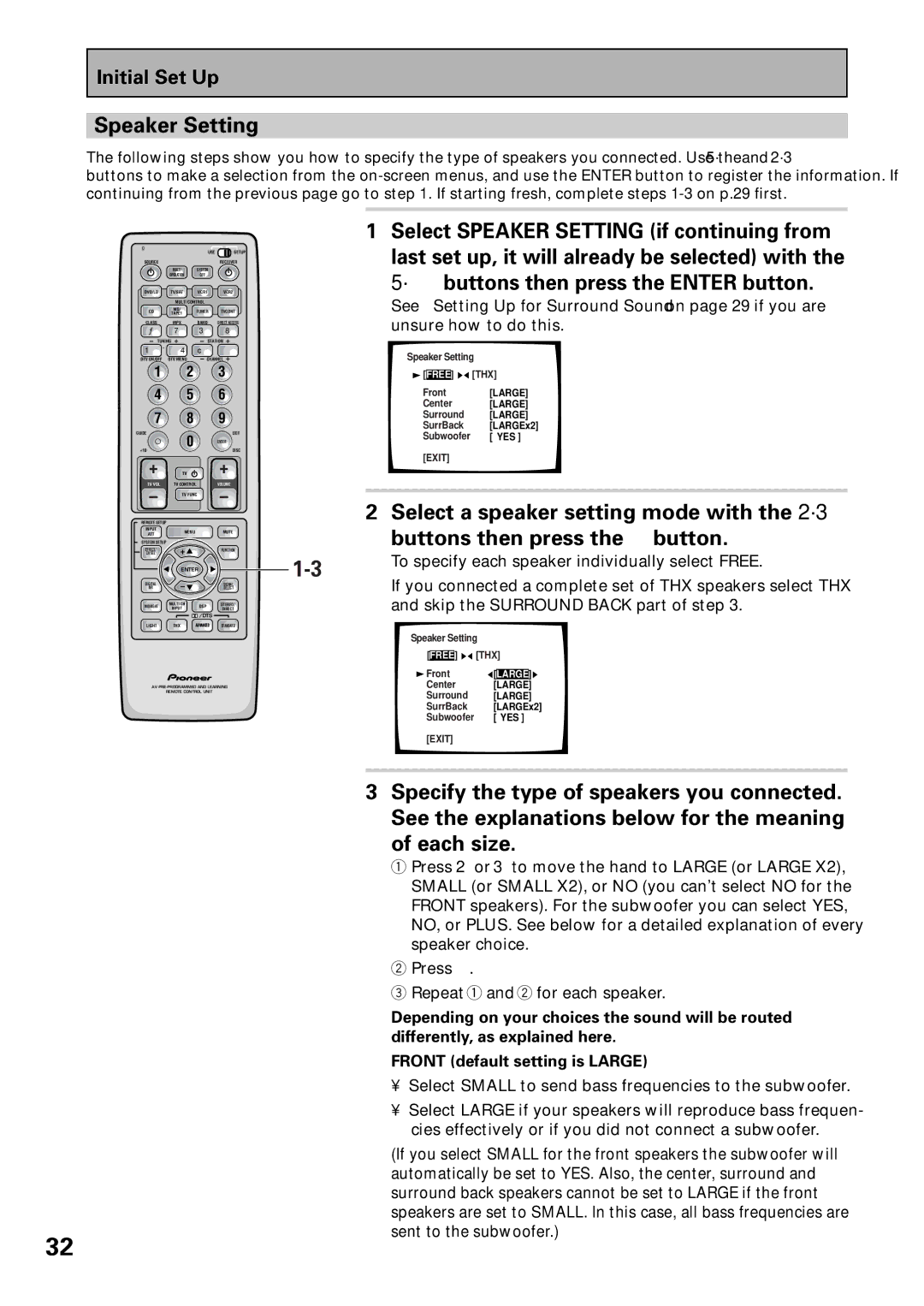 Pioneer VSX-36TX manual Speaker Setting, ´ buttons then press the Enter button, Select a speaker setting mode with the 2´3 