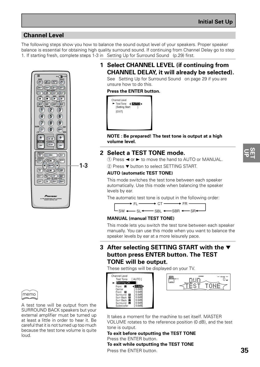 Pioneer VSX-37TX, VSX-36TX manual Channel Level, Select a Test Tone mode, Tone will be output 