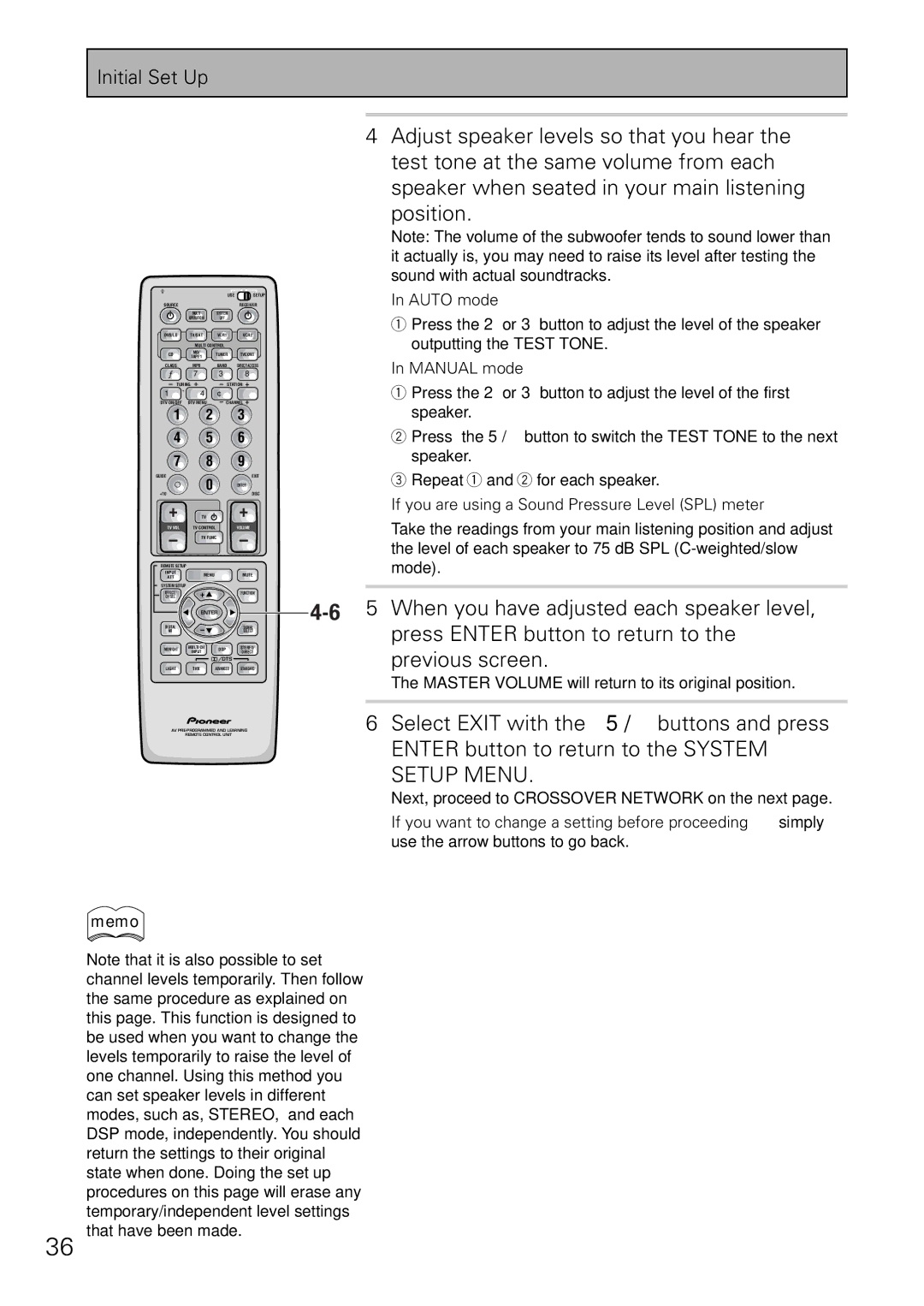 Pioneer VSX-36TX, VSX-37TX When you have adjusted each speaker level, Press Enter button to return to, Previous screen 