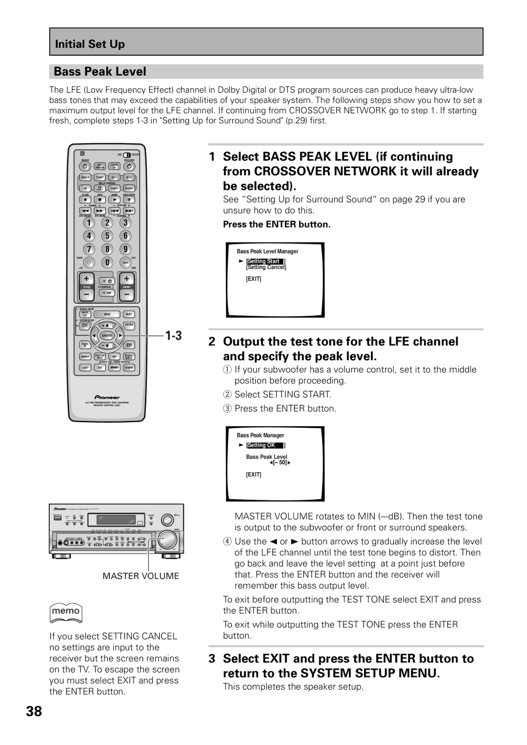 Pioneer VSX-36TX, VSX-37TX manual Bass Peak Level, Output the test tone for the LFE channel, Specify the peak level 