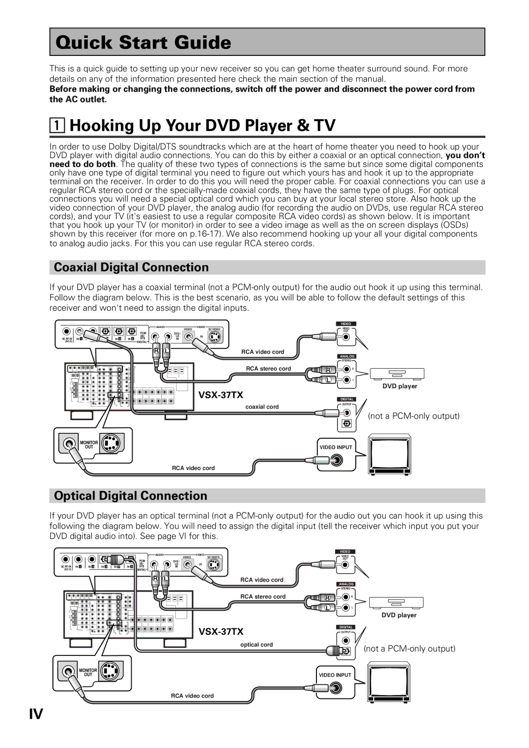 Pioneer VSX-36TX, VSX-37TX manual Quick Start Guide, Hooking Up Your DVD Player & TV, Coaxial Digital Connection 