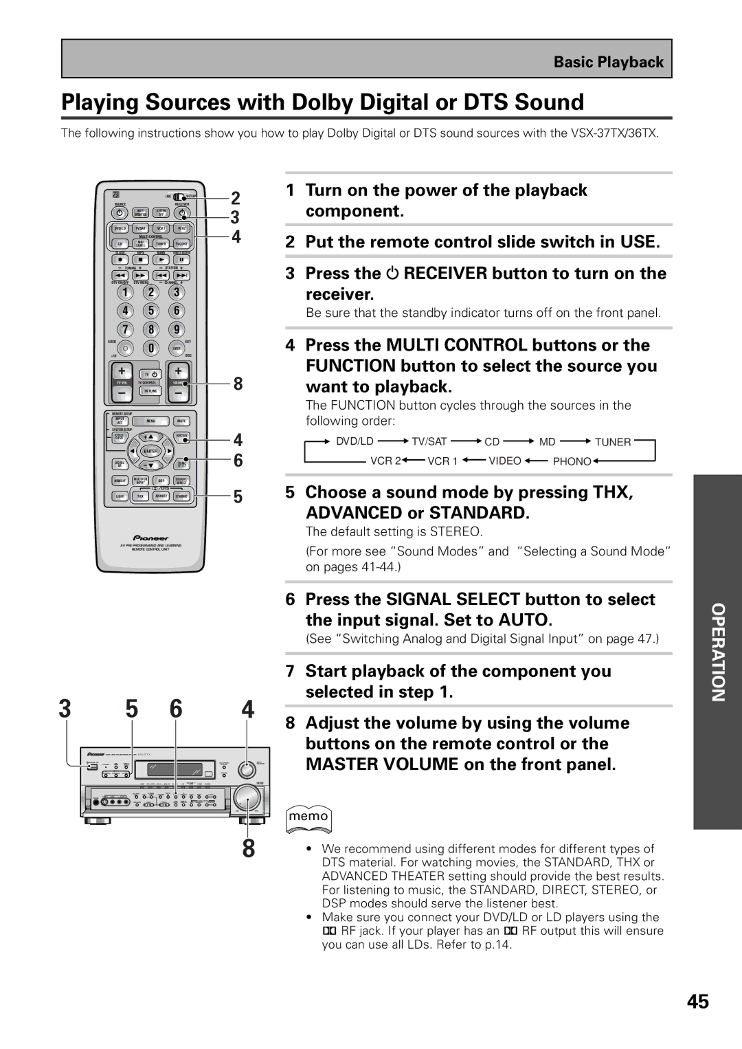 Pioneer VSX-37TX, VSX-36TX manual Playing Sources with Dolby Digital or DTS Sound 