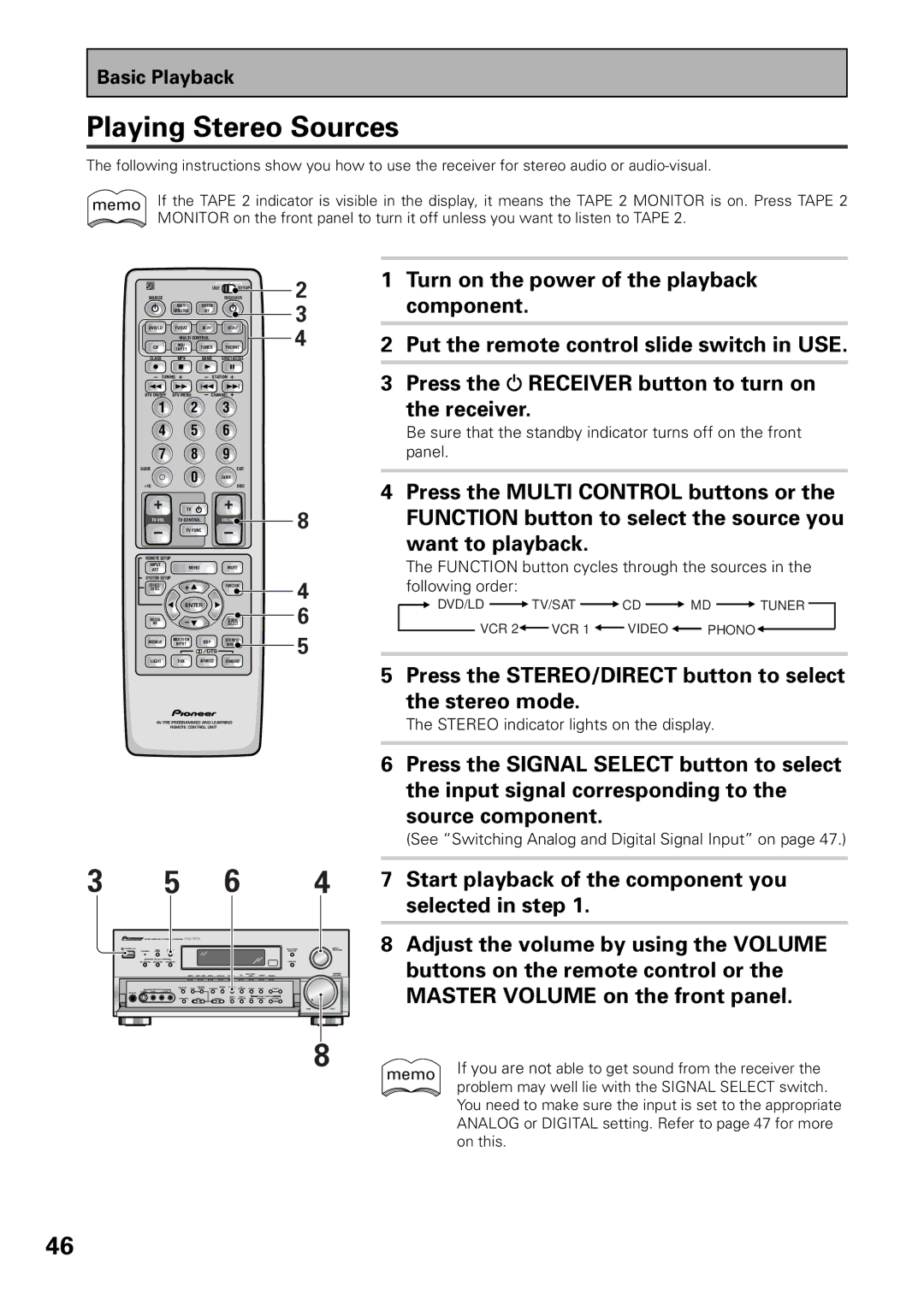 Pioneer VSX-36TX, VSX-37TX manual Playing Stereo Sources, Press the Receiver button to turn on the receiver 