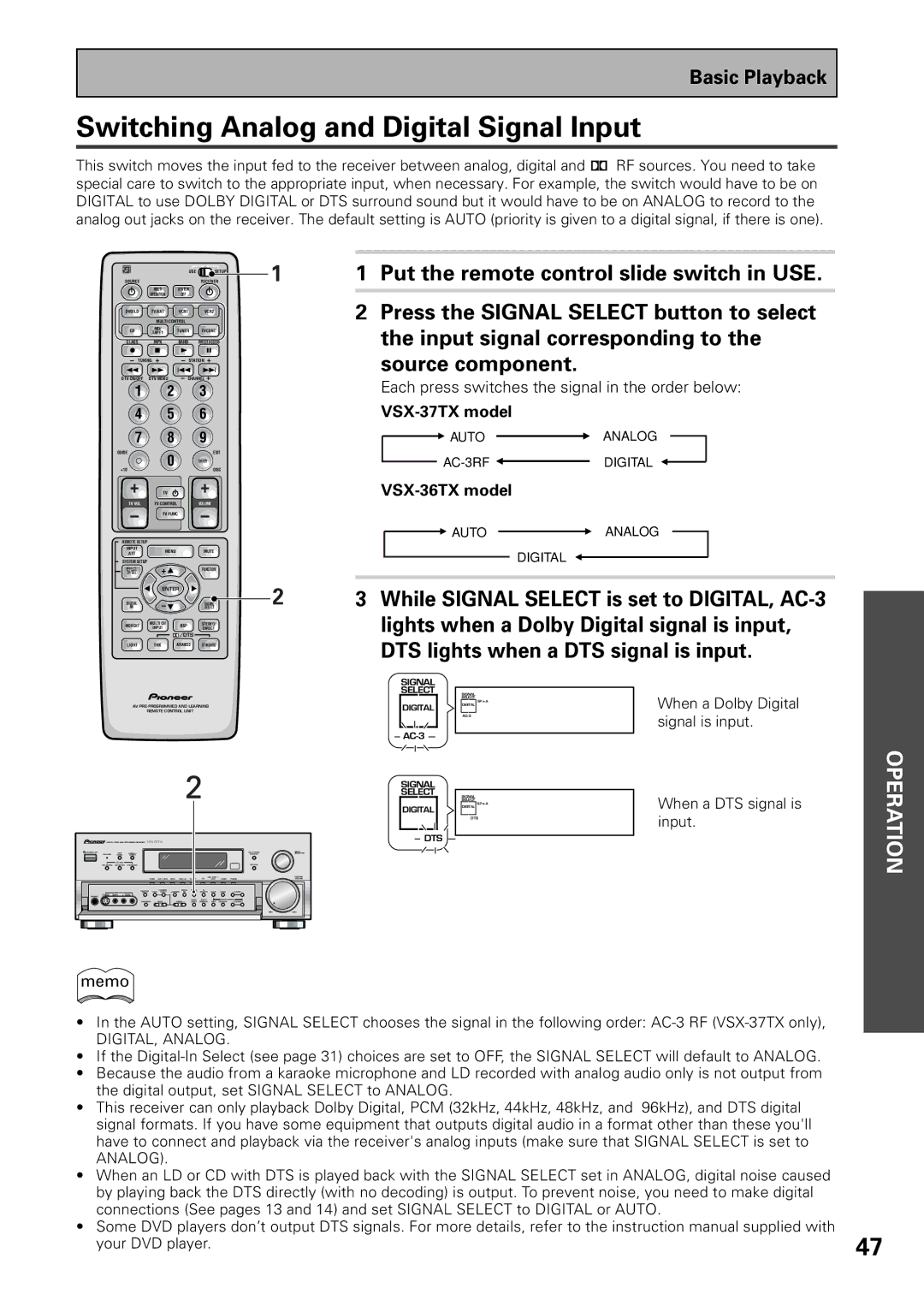 Pioneer VSX-37TX, VSX-36TX Switching Analog and Digital Signal Input, Each press switches the signal in the order below 