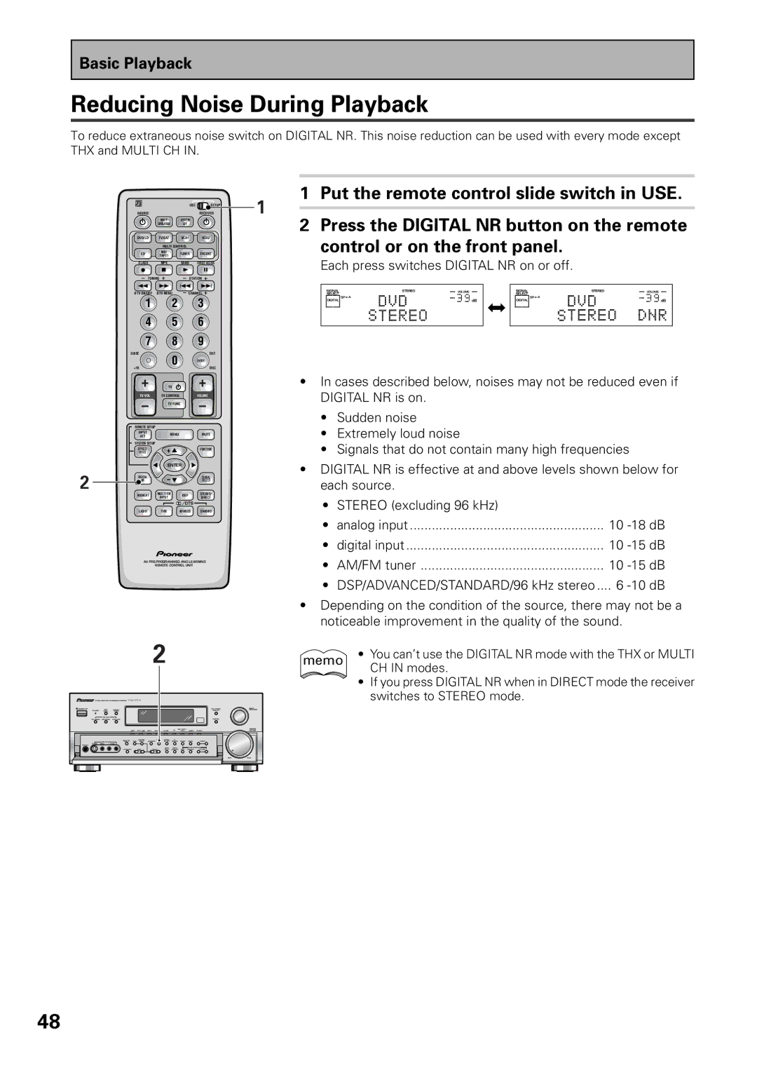 Pioneer VSX-36TX Reducing Noise During Playback, Each press switches Digital NR on or off, Digital input, AM/FM tuner 