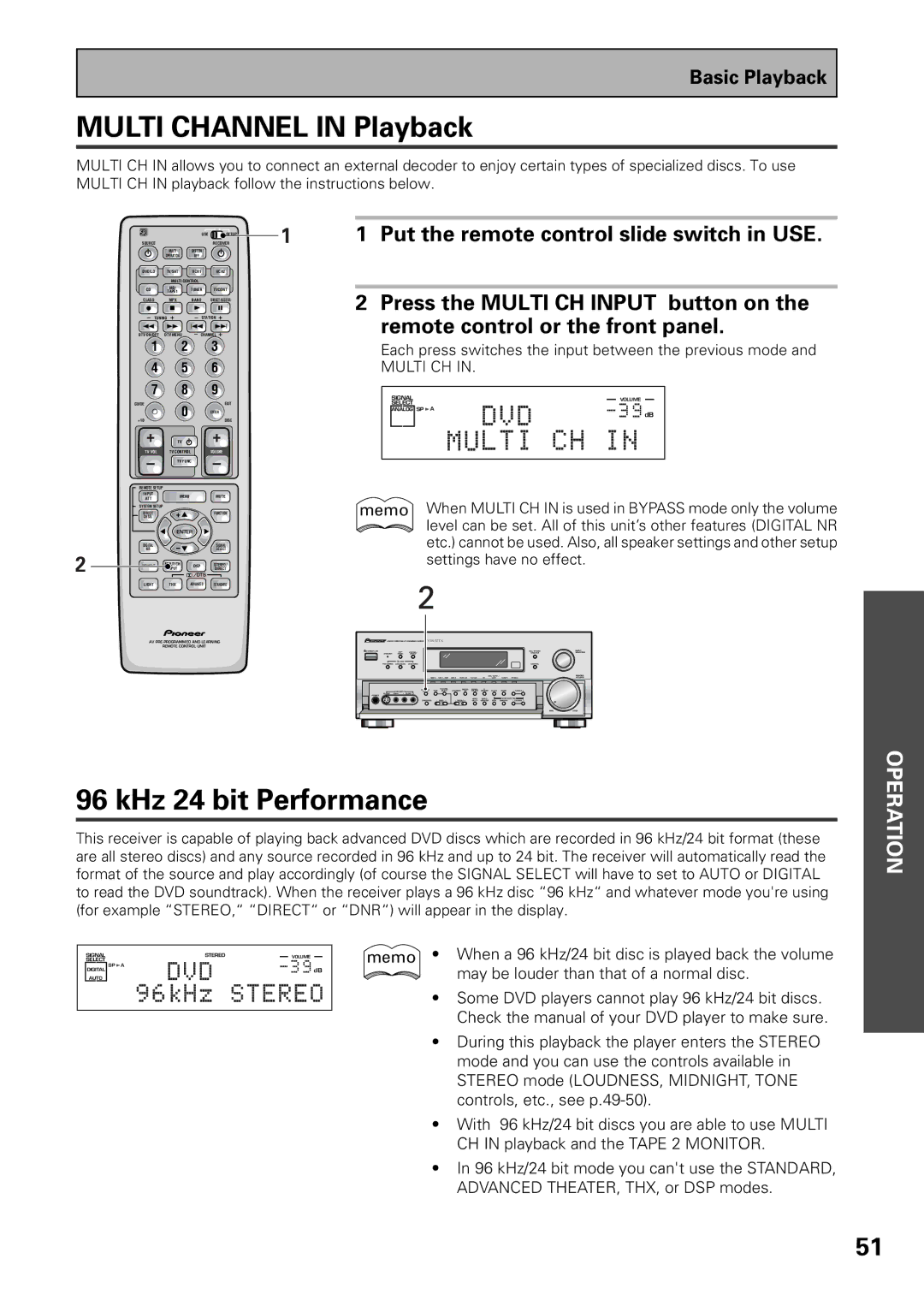 Pioneer VSX-37TX, VSX-36TX manual Multi Channel in Playback, KHz 24 bit Performance 