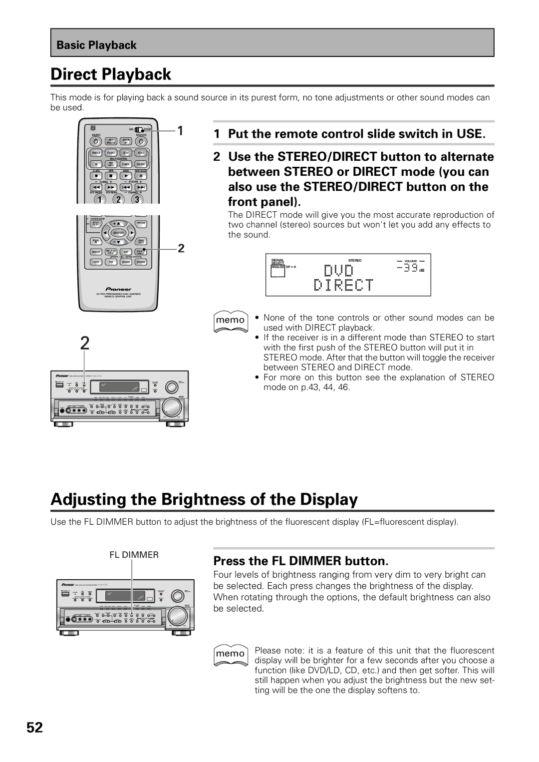 Pioneer VSX-36TX, VSX-37TX manual Direct Playback, Adjusting the Brightness of the Display, Press the FL Dimmer button 