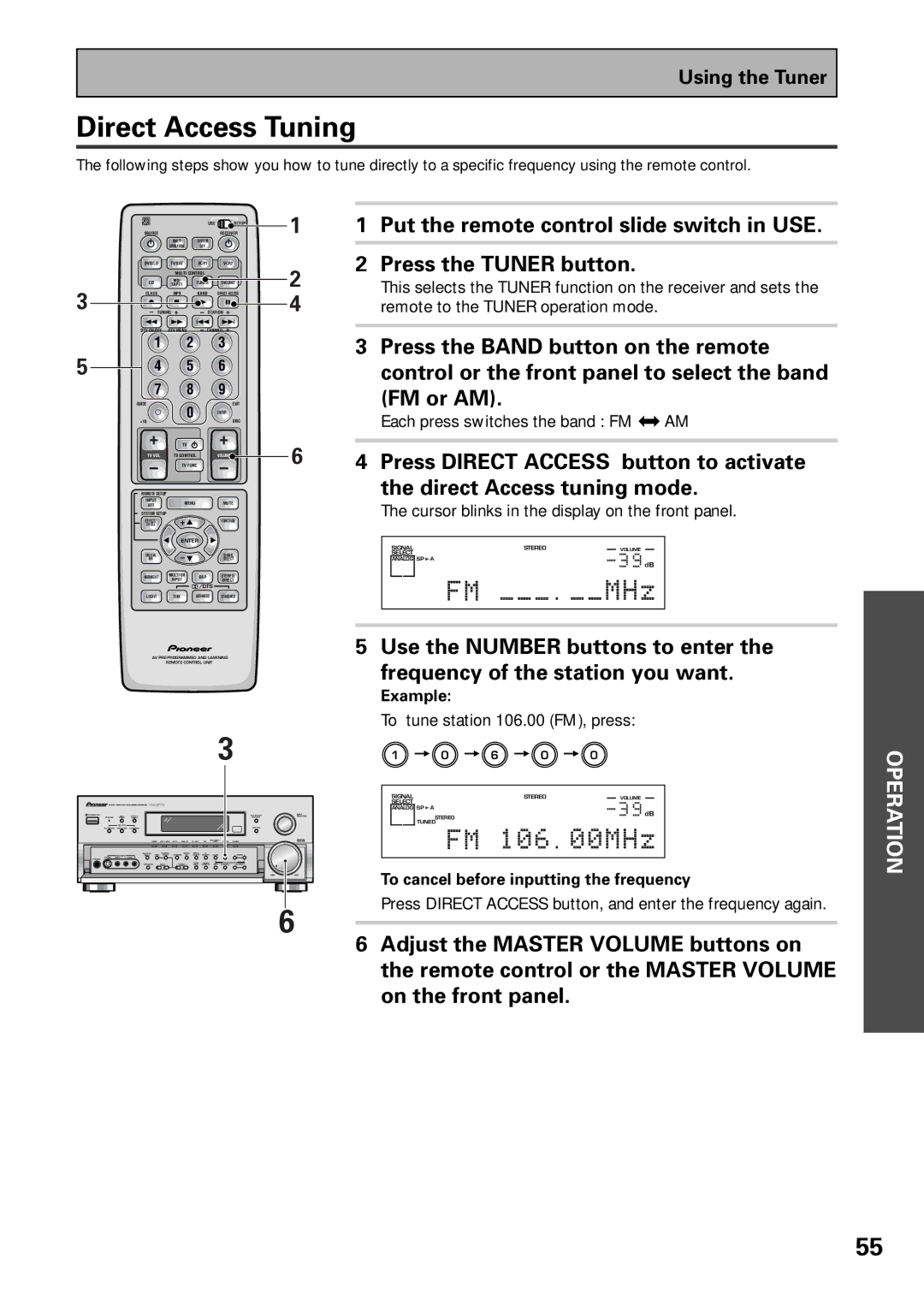 Pioneer VSX-37TX, VSX-36TX manual Direct Access Tuning, Example, To cancel before inputting the frequency 