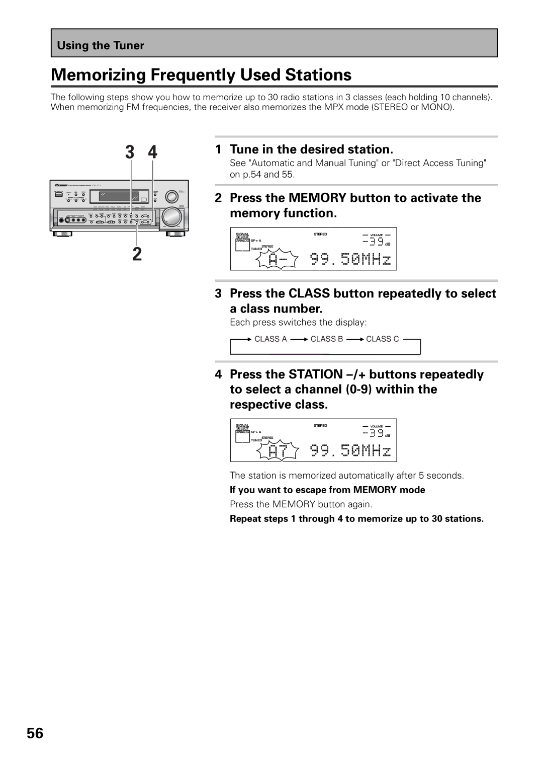 Pioneer VSX-36TX, VSX-37TX manual Memorizing Frequently Used Stations, Tune in the desired station 