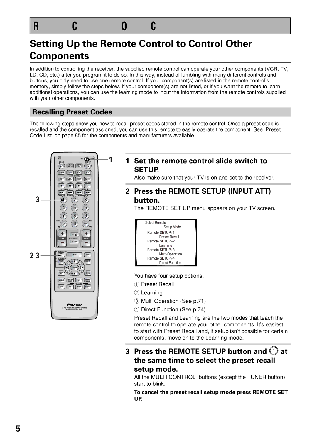 Pioneer VSX-36TX Remote Control of Other Components, Setting Up the Remote Control to Control Other Components, Setup 