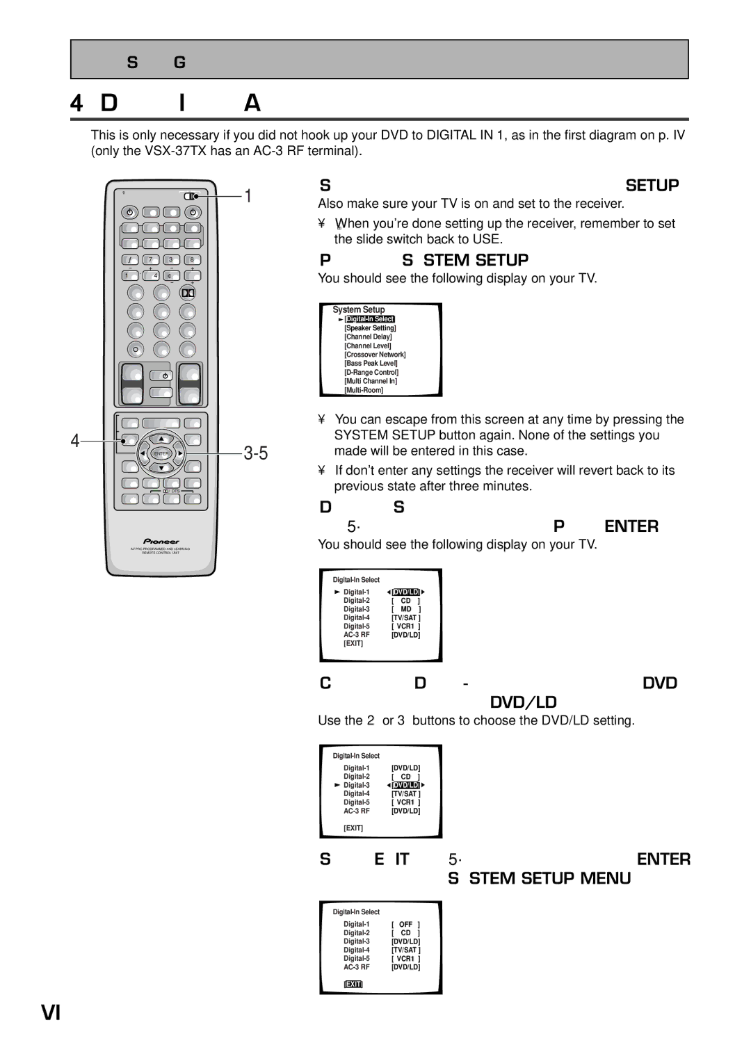 Pioneer VSX-36TX Digital Input Assignment, Set the remote control slide switch to Setup, Press the System Setup button 