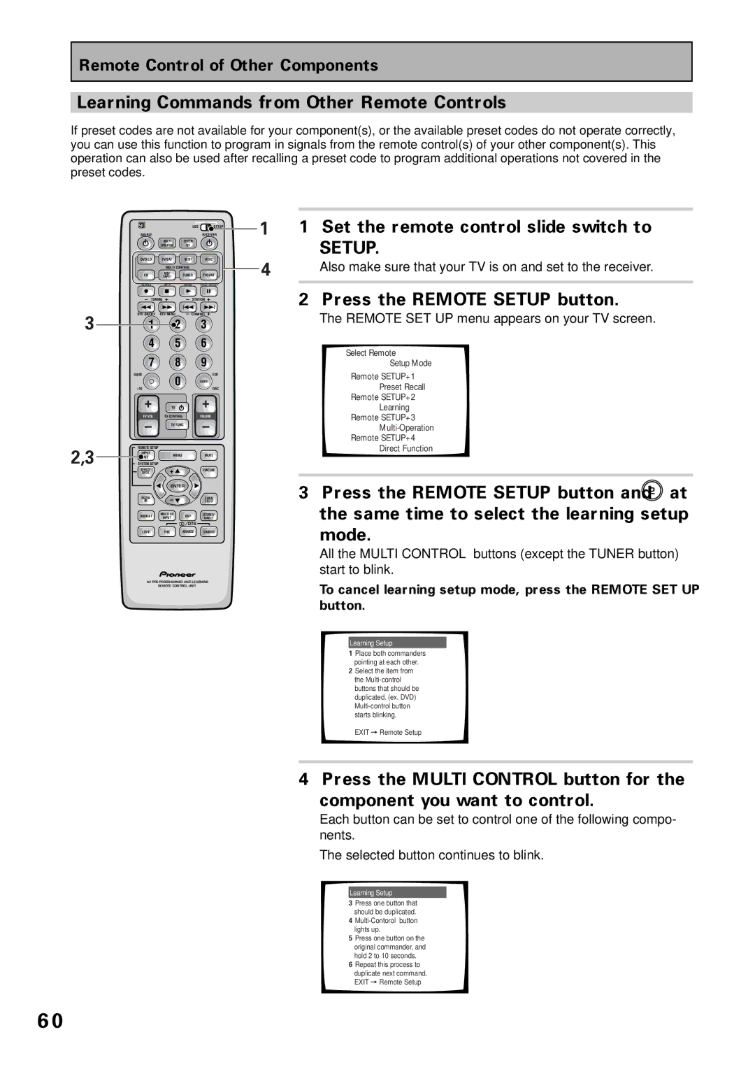 Pioneer VSX-36TX, VSX-37TX manual Learning Commands from Other Remote Controls, Press the Remote Setup button 