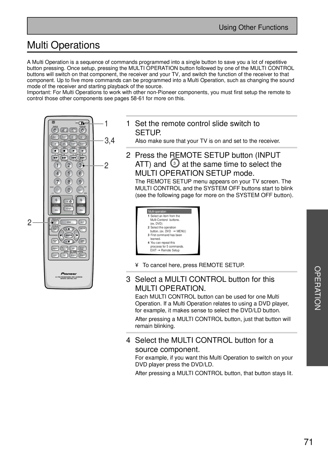 Pioneer VSX-37TX, VSX-36TX Multi Operations, Select a Multi Control button for this, To cancel here, press Remote Setup 