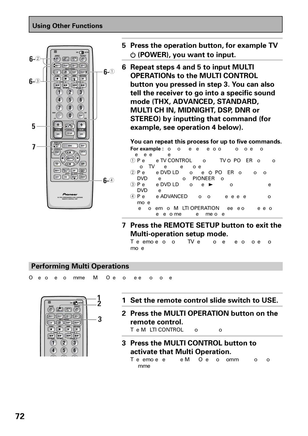 Pioneer VSX-36TX manual Repeat steps 4 and 5 to input Multi, OPERATIONs to the Multi Control, Mode THX, ADVANCED, Standard 