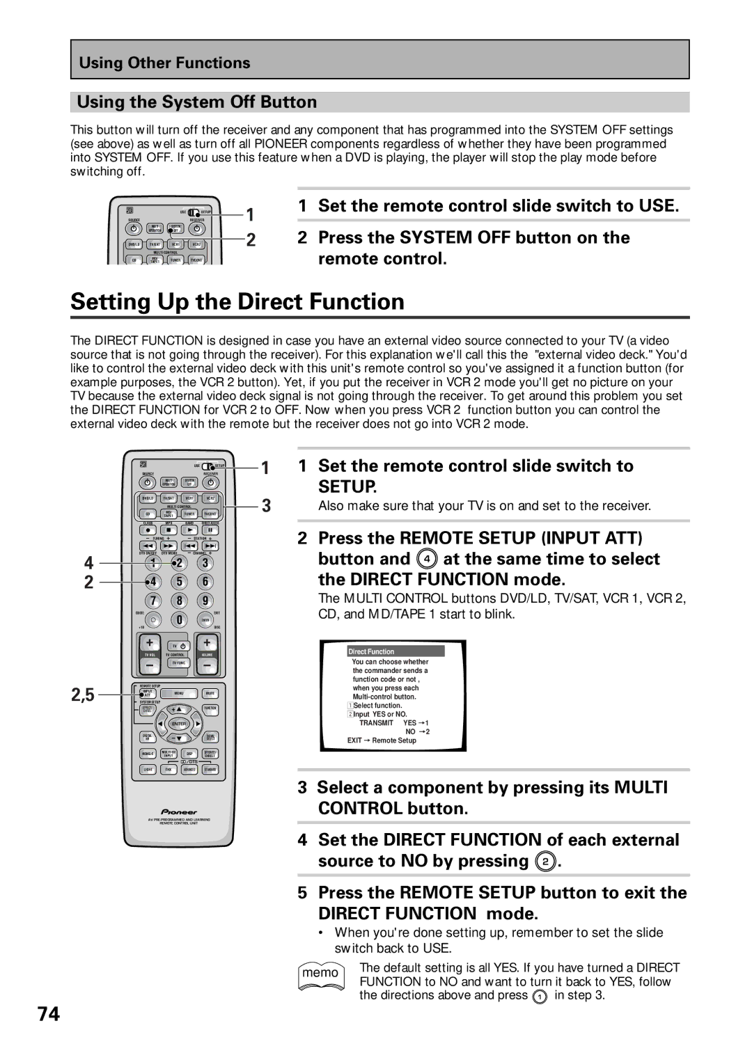 Pioneer VSX-36TX, VSX-37TX manual Setting Up the Direct Function, Using the System Off Button 