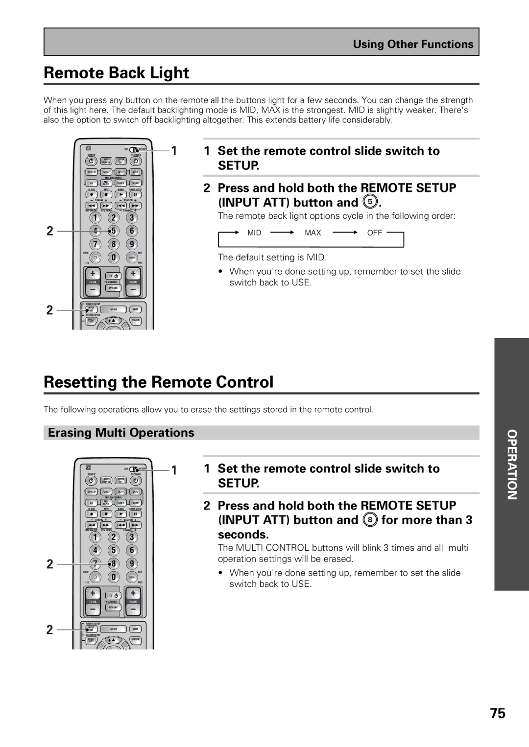 Pioneer VSX-37TX, VSX-36TX manual Remote Back Light, Resetting the Remote Control 