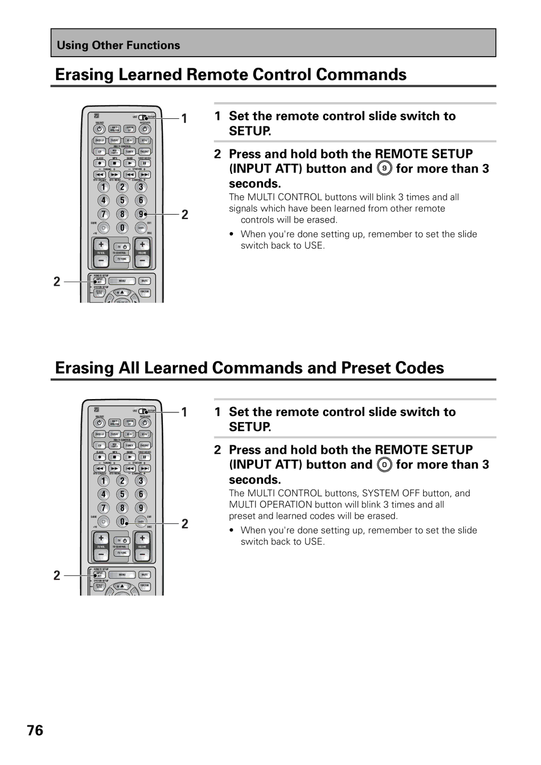 Pioneer VSX-36TX, VSX-37TX manual Erasing Learned Remote Control Commands, Erasing All Learned Commands and Preset Codes 