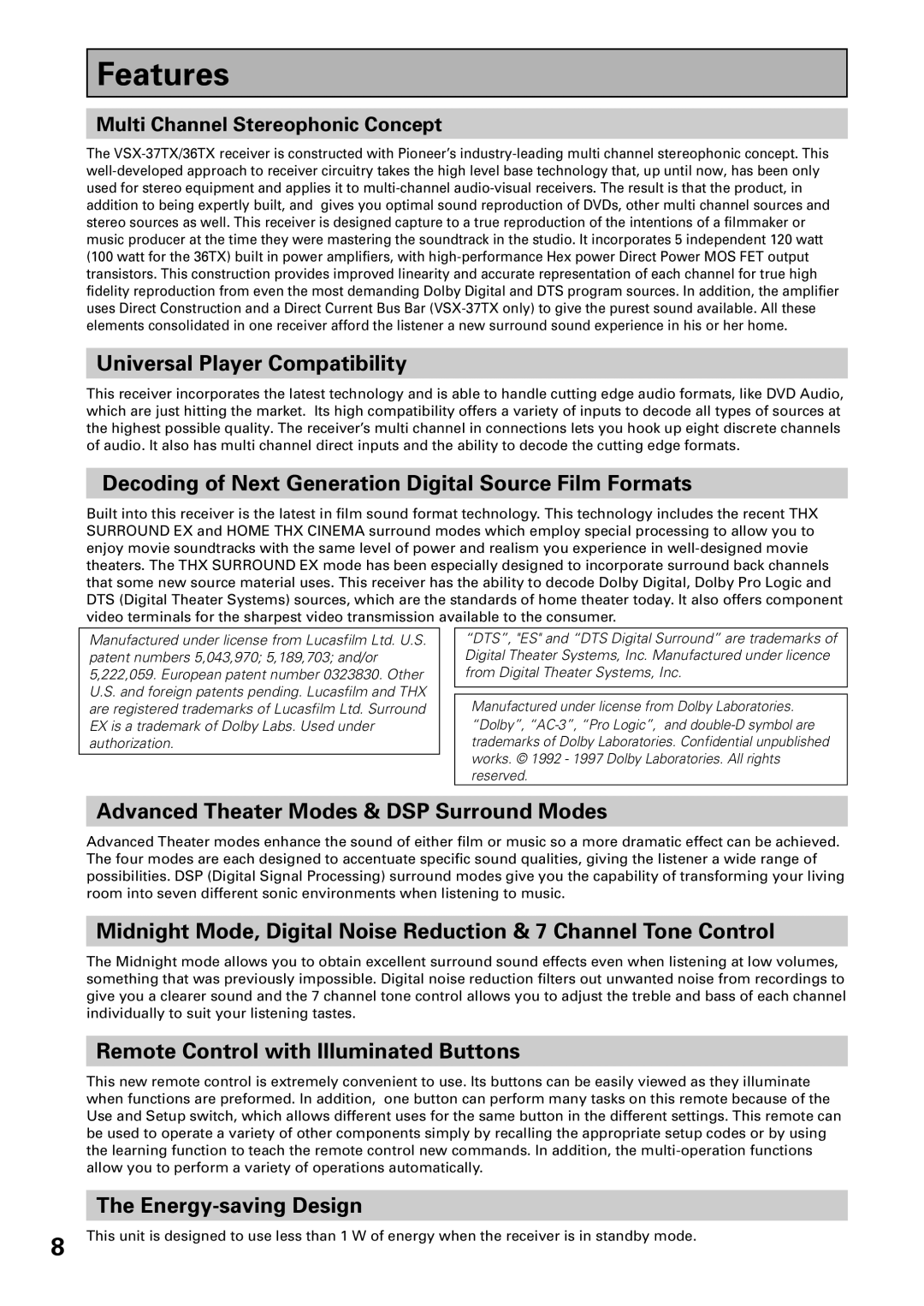 Pioneer VSX-36TX, VSX-37TX manual Features 