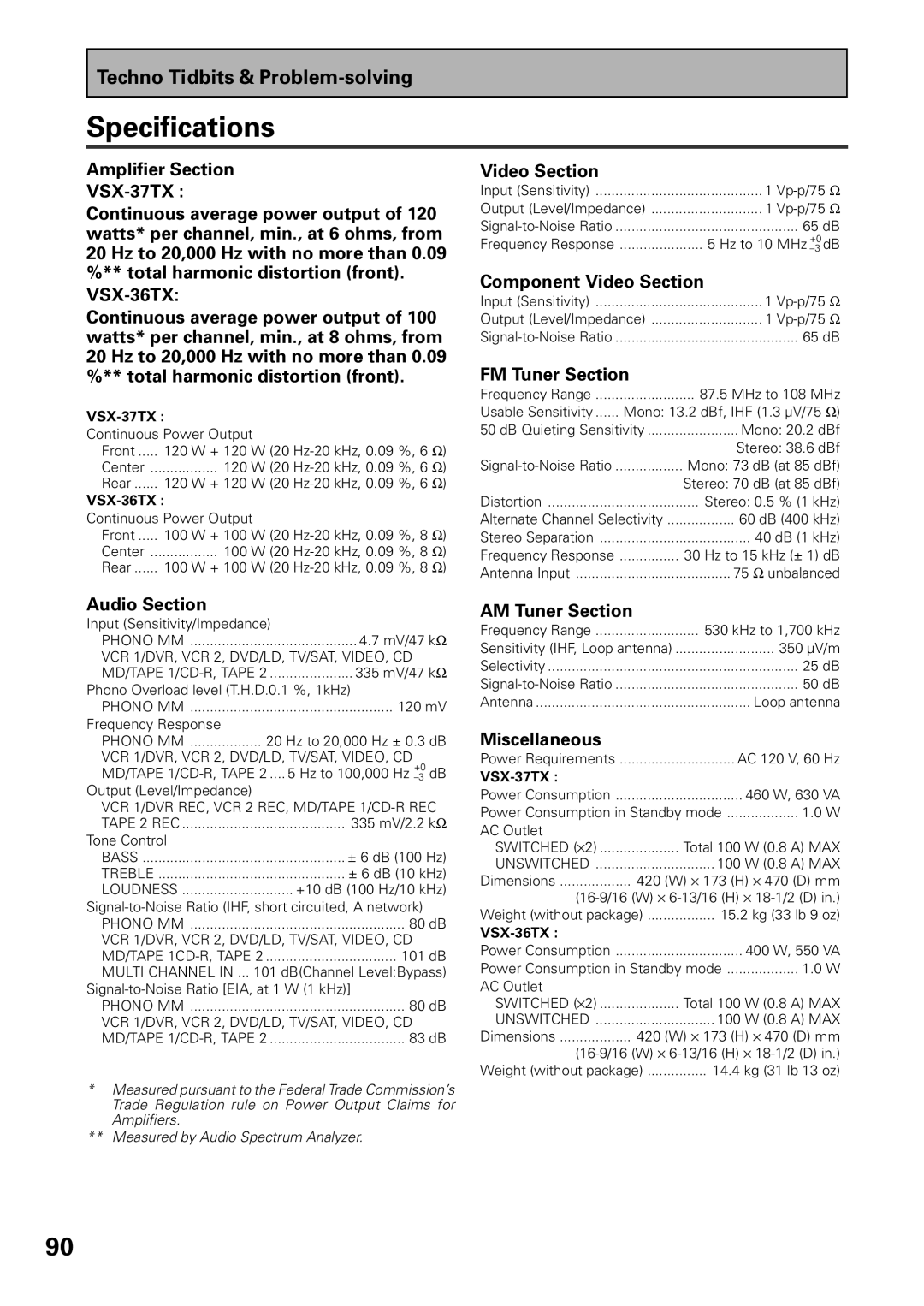 Pioneer VSX-36TX, VSX-37TX manual Specifications 