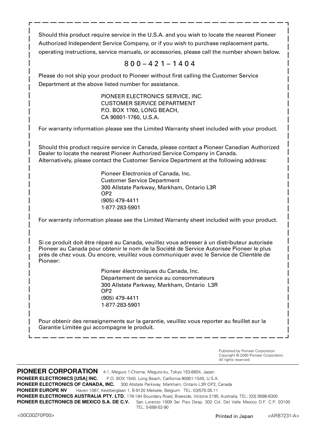 Pioneer VSX-36TX, VSX-37TX manual 0 4 2 1 1 4 0 