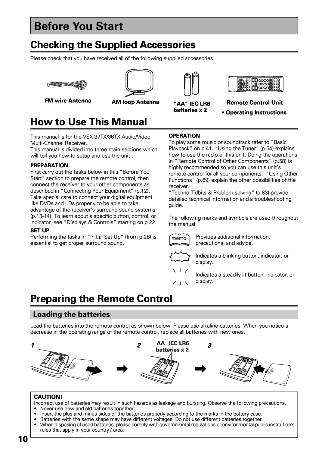 Pioneer VSX-36TX Before You Start, Checking the Supplied Accessories, How to Use This Manual, Preparing the Remote Control 