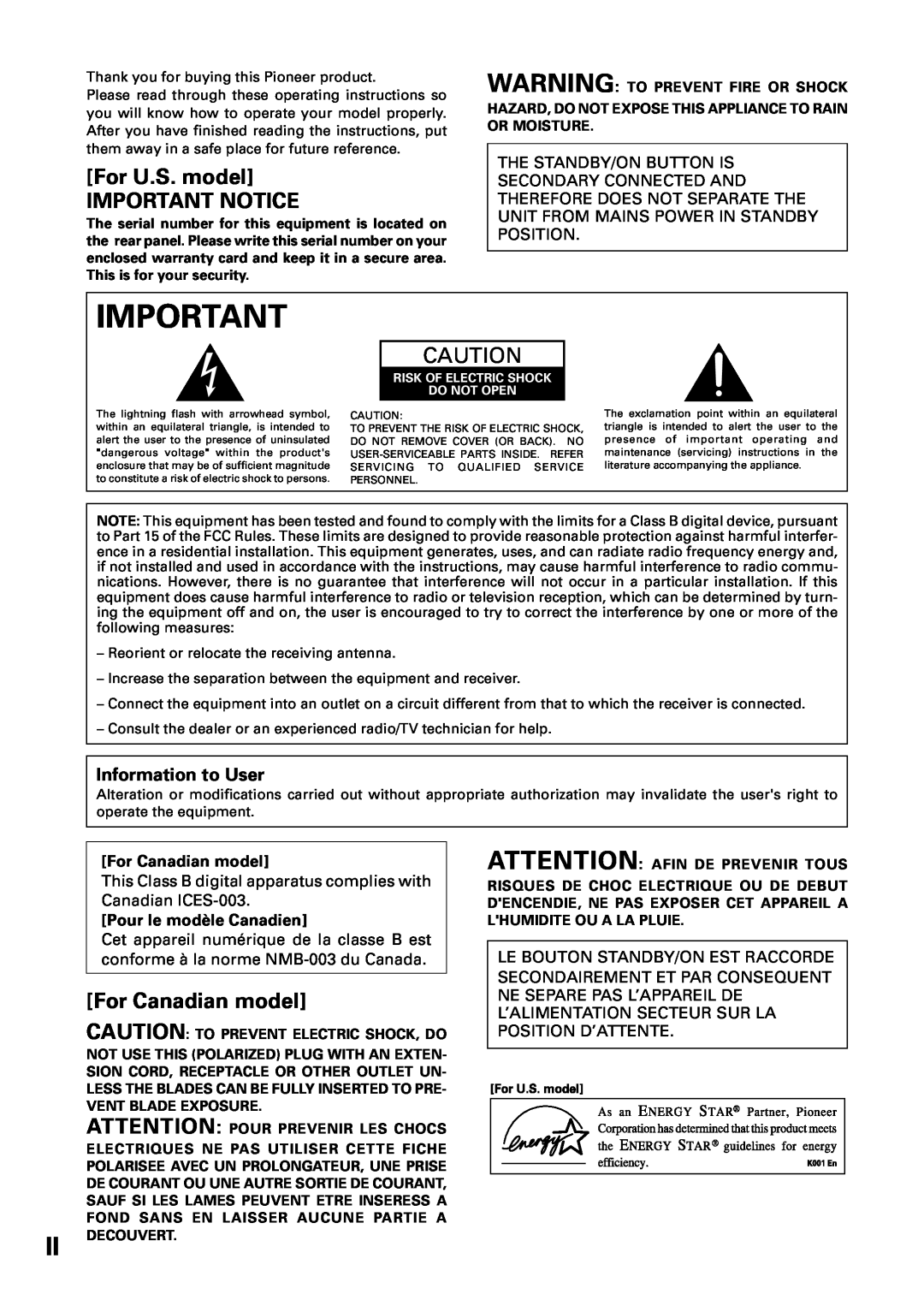 Pioneer VSX-36TX manual For U.S. model IMPORTANT NOTICE, For Canadian model, Information to User, Pour le modèle Canadien 