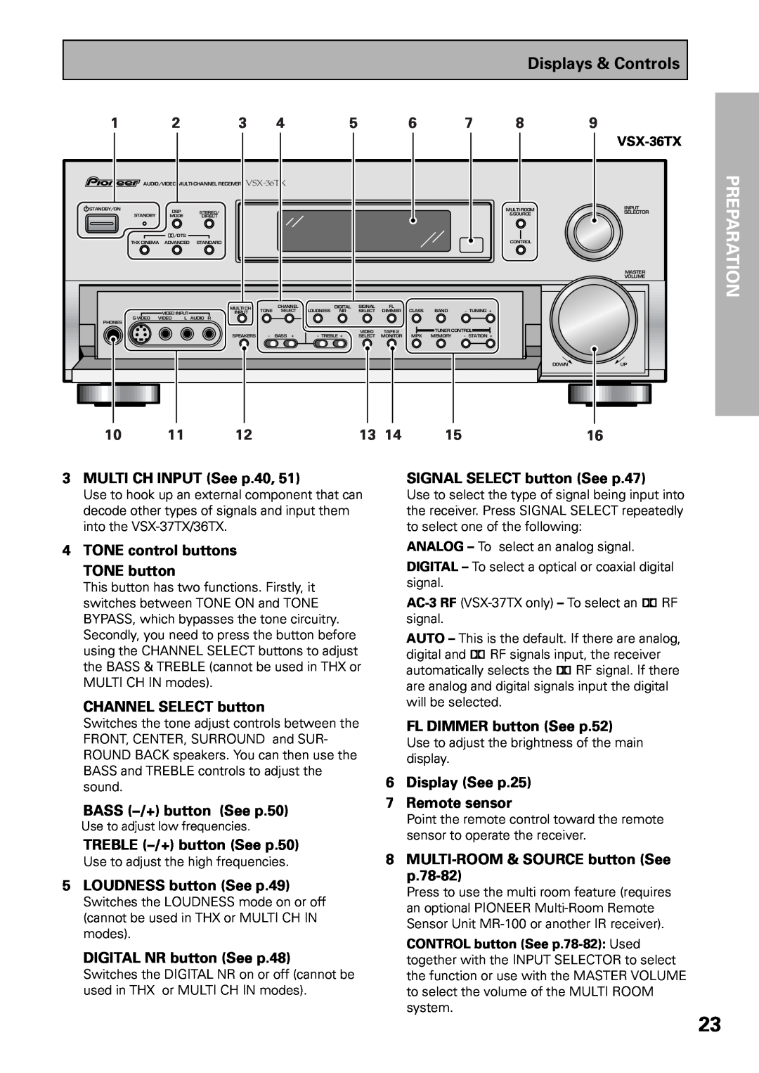 Pioneer VSX-37TX, VSX-36TX manual Displays & Controls, Preparation 