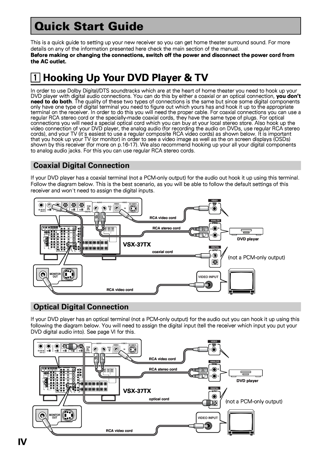 Pioneer VSX-36TX manual Quick Start Guide, 1Hooking Up Your DVD Player & TV, Coaxial Digital Connection, VSX-37TX 