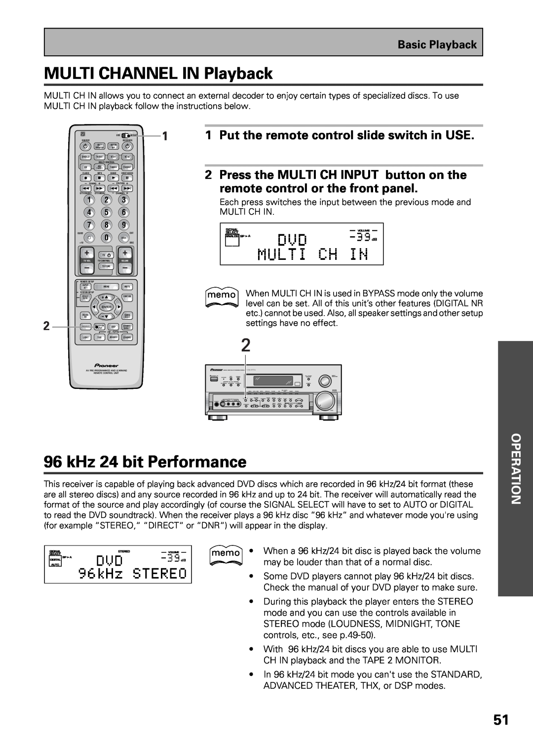 Pioneer VSX-37TX MULTI CHANNEL IN Playback, kHz 24 bit Performance, Put the remote control slide switch in USE, Operation 