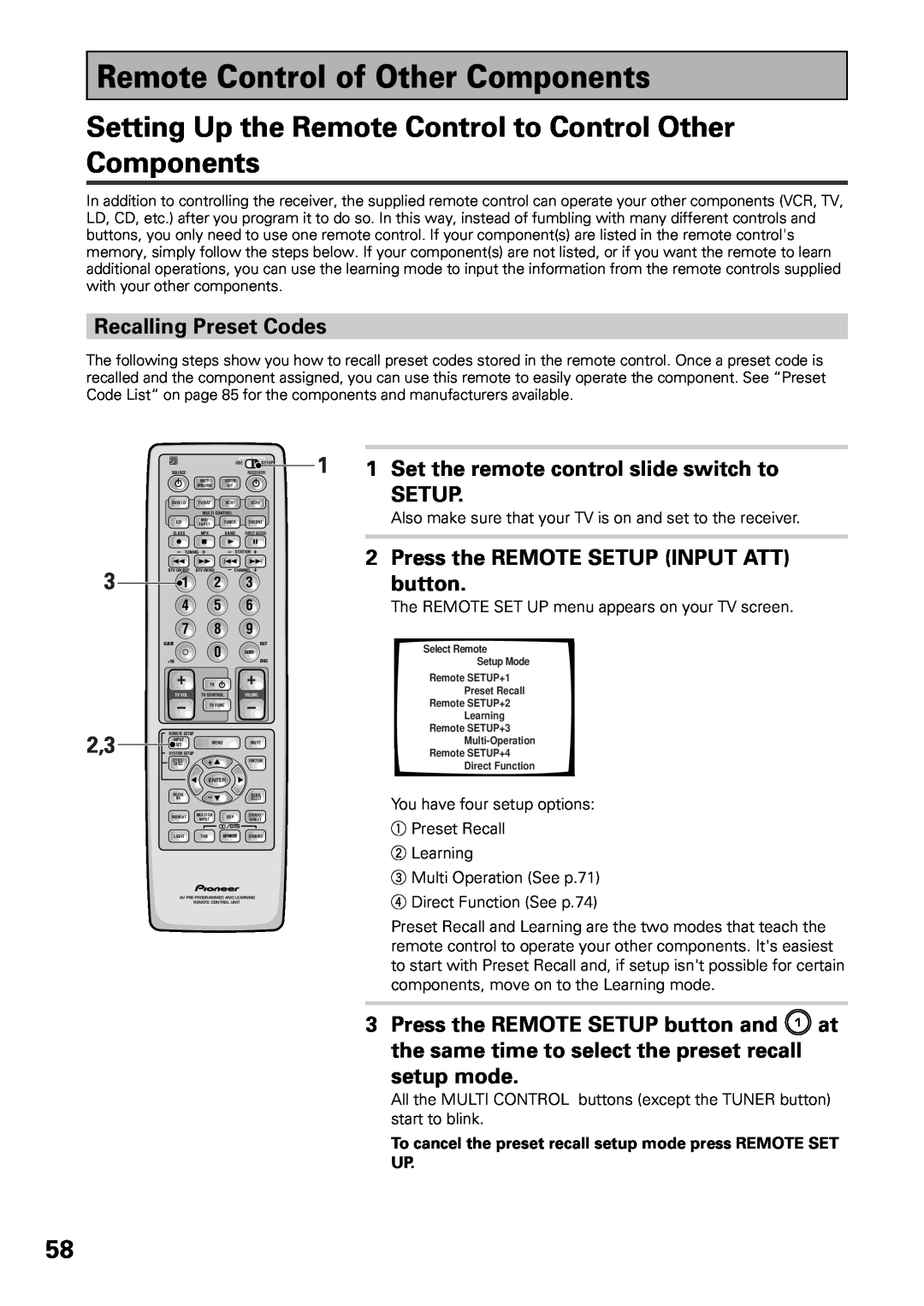 Pioneer VSX-36TX Remote Control of Other Components, 3 2,3, Recalling Preset Codes, Set the remote control slide switch to 