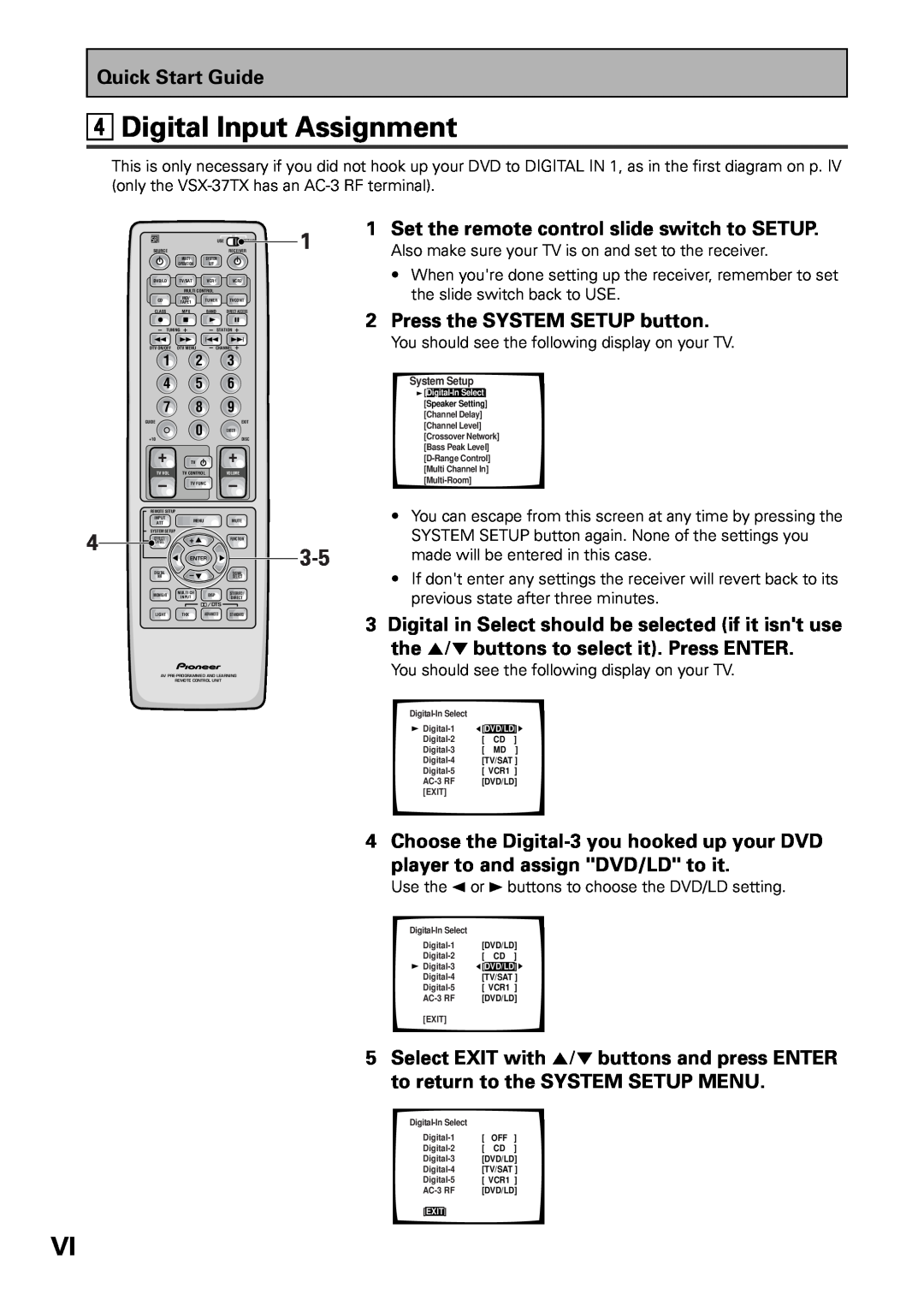 Pioneer VSX-36TX 4Digital Input Assignment, 1Set the remote control slide switch to SETUP, 2Press the SYSTEM SETUP button 