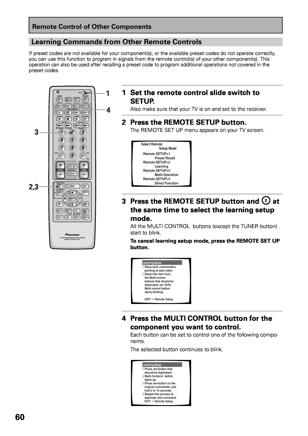 Pioneer VSX-36TX Learning Commands from Other Remote Controls, Set the remote control slide switch to SETUP, mode, 3 2,3 