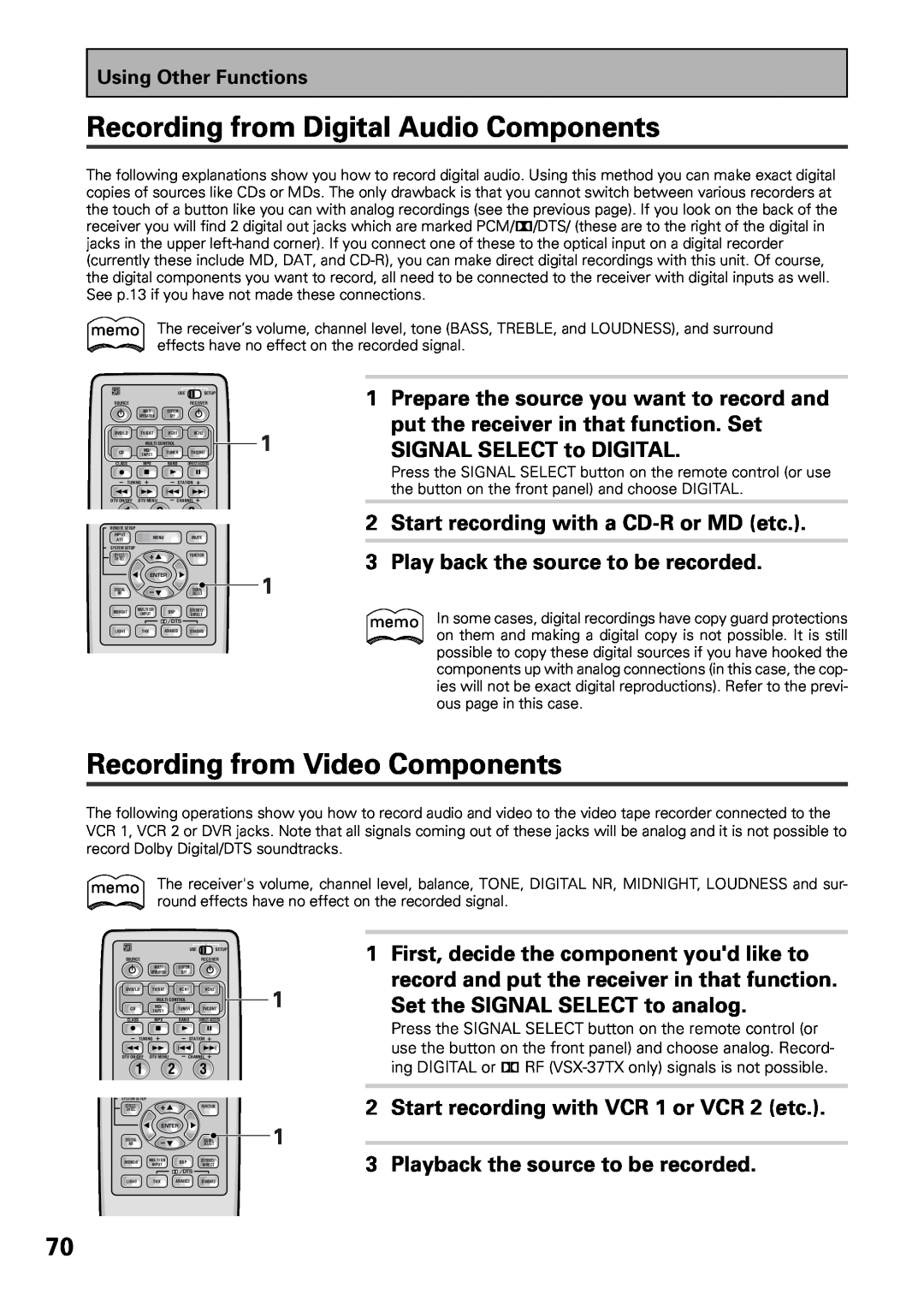 Pioneer VSX-36TX manual Recording from Digital Audio Components, Recording from Video Components, SIGNAL SELECT to DIGITAL 