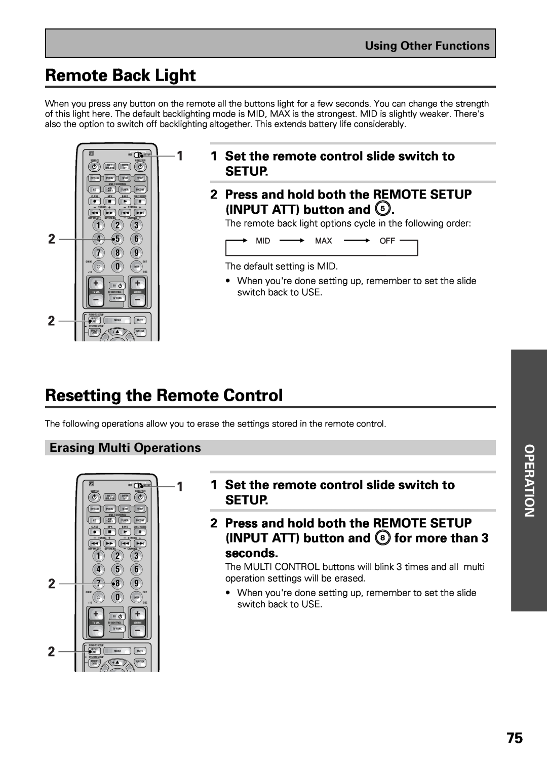 Pioneer VSX-37TX, VSX-36TX manual Remote Back Light, Resetting the Remote Control, Erasing Multi Operations, seconds, Setup 