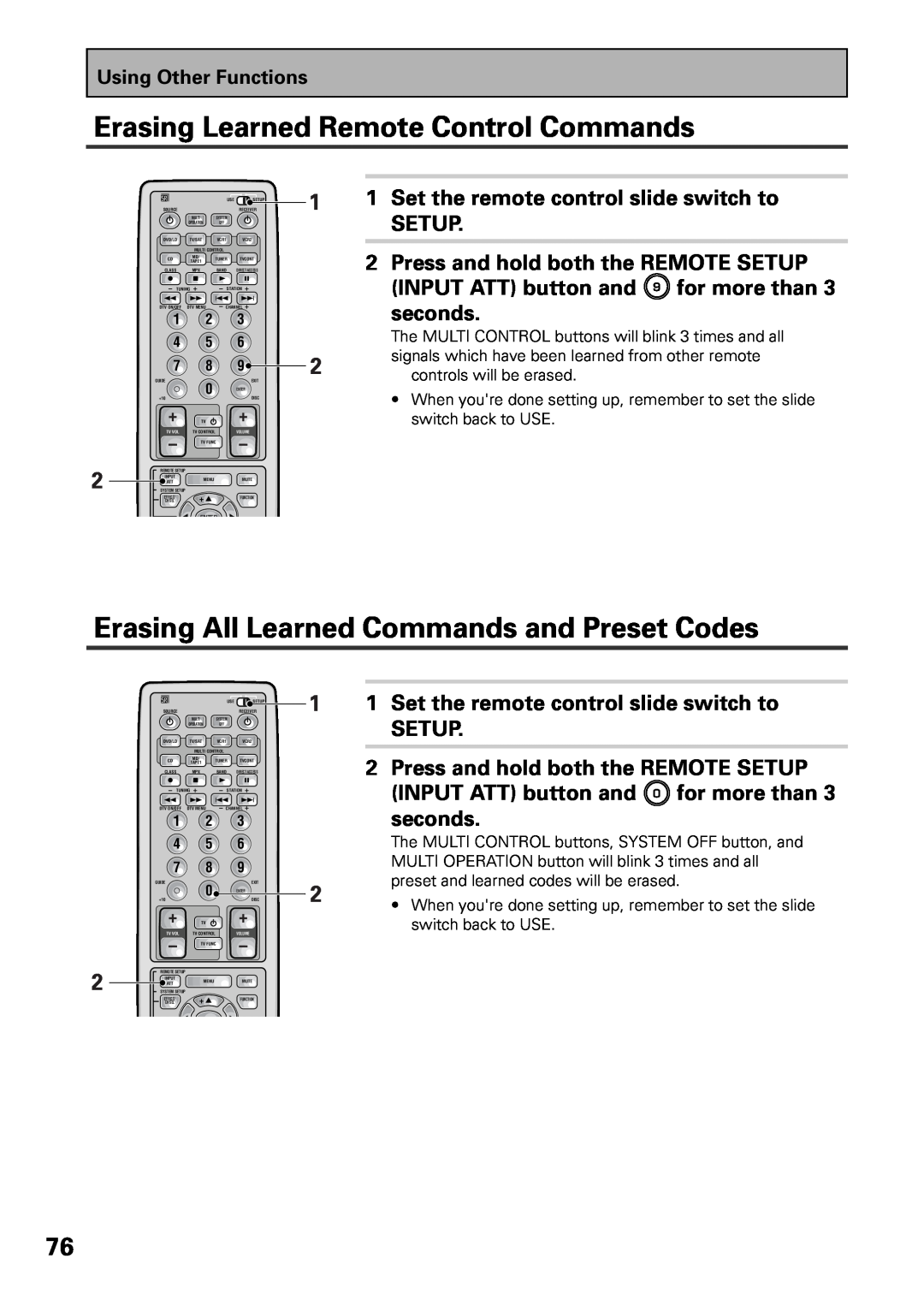 Pioneer VSX-36TX, VSX-37TX Erasing Learned Remote Control Commands, Erasing All Learned Commands and Preset Codes, seconds 