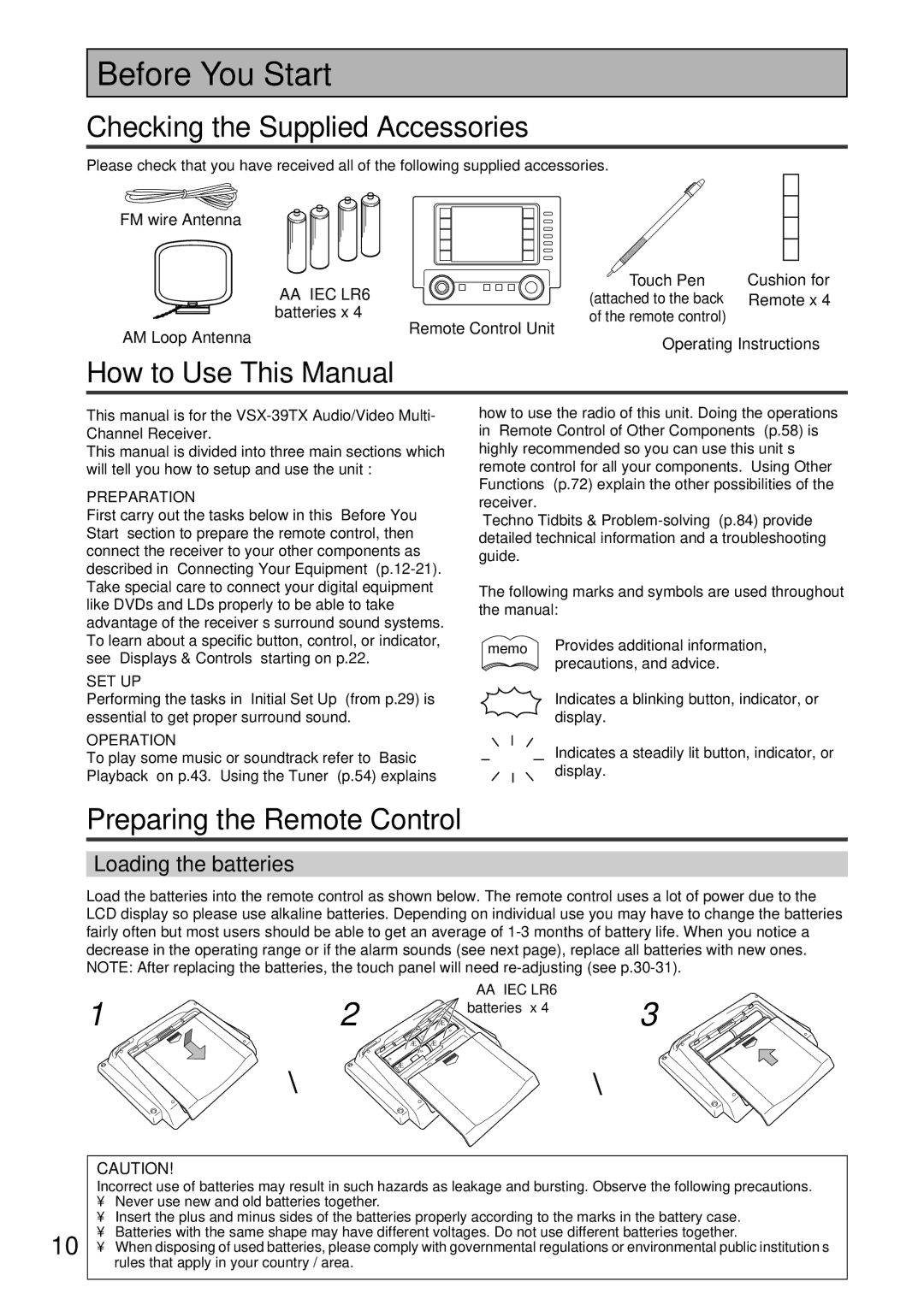 Pioneer VSX-39TX Before You Start, Checking the Supplied Accessories, How to Use This Manual, Preparing the Remote Control 