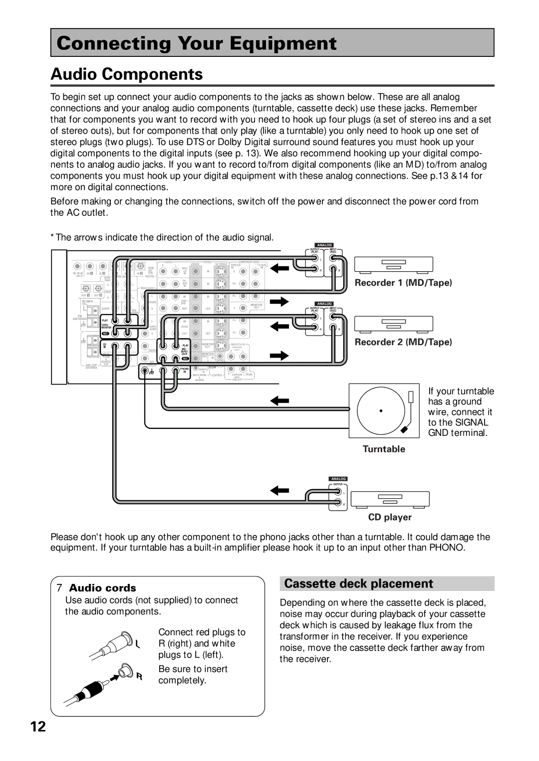 Pioneer VSX-39TX manual Connecting Your Equipment, Audio Components, Cassette deck placement, Audio cords 