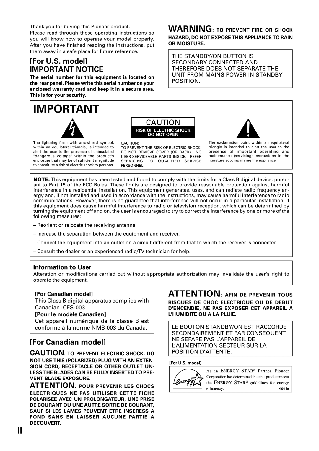 Pioneer VSX-39TX manual For U.S. model, Important Notice, For Canadian model, Information to User 