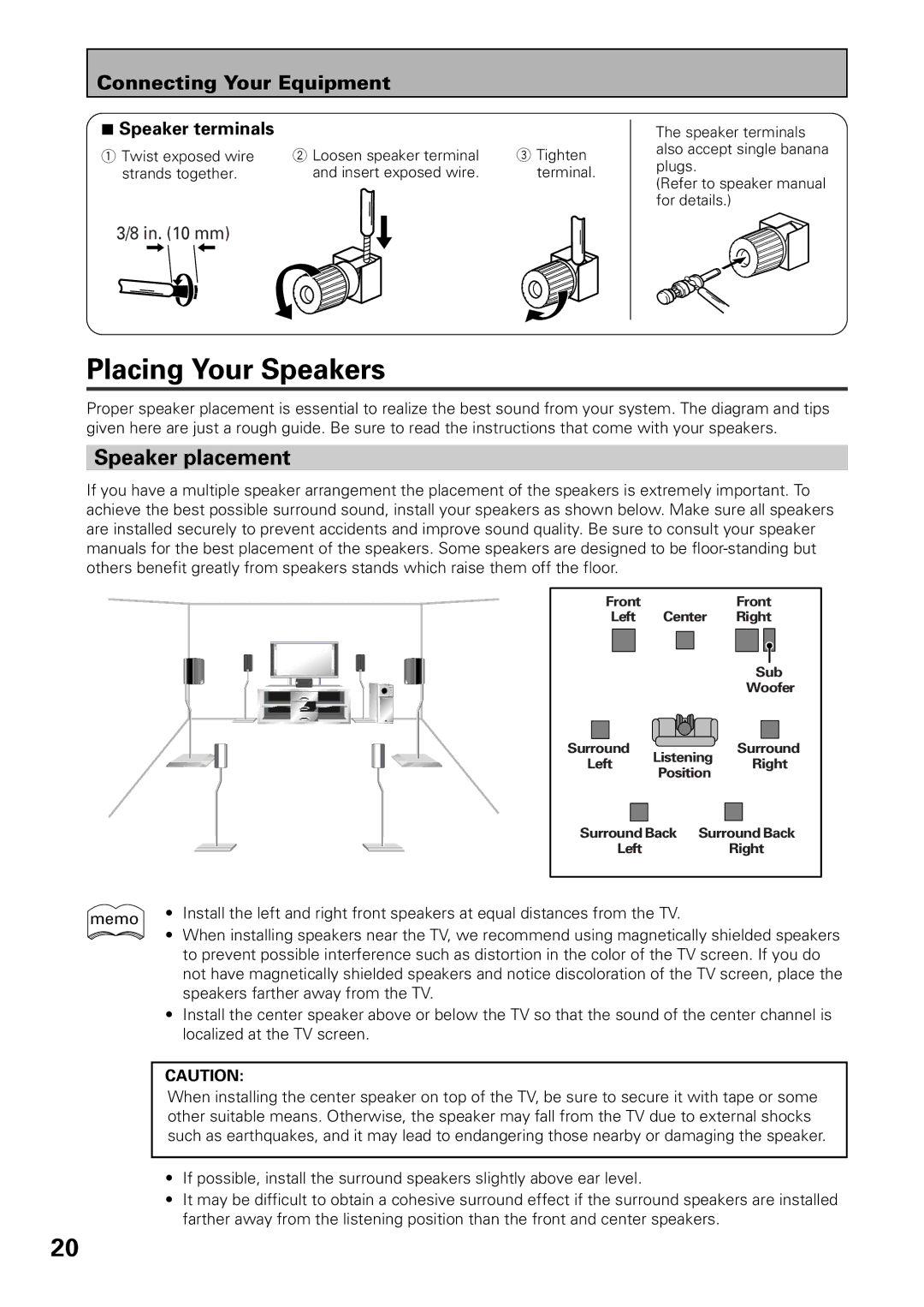 Pioneer VSX-39TX manual Placing Your Speakers, Speaker placement, Speaker terminals 