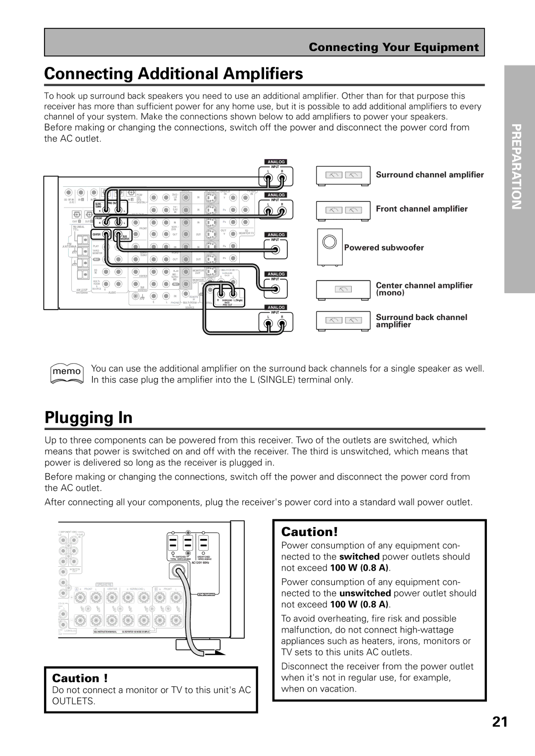 Pioneer VSX-39TX manual Connecting Additional Amplifiers, Plugging 