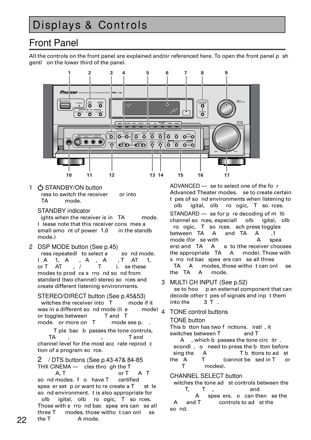 Pioneer VSX-39TX manual Displays & Controls, Front Panel 